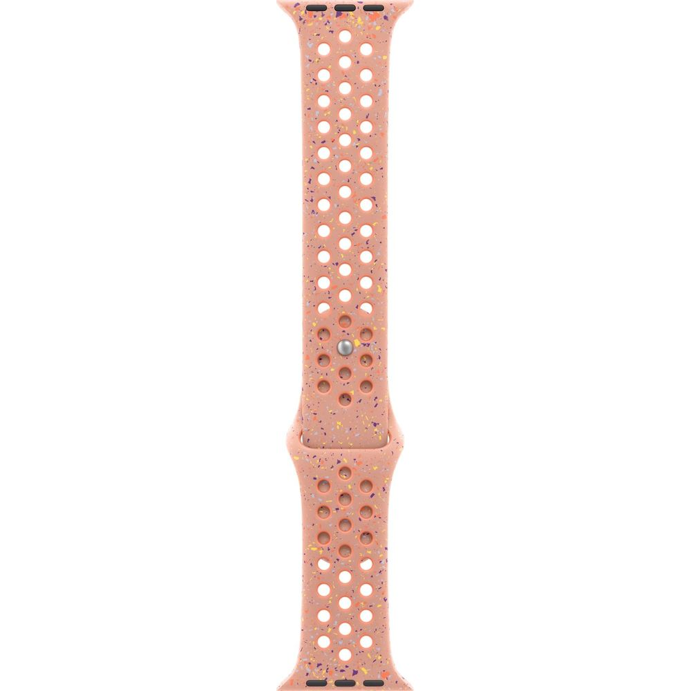 Bransoleta w kolorze koralowym z wieloma małymi dziurkami i kolorowymi plamkami.