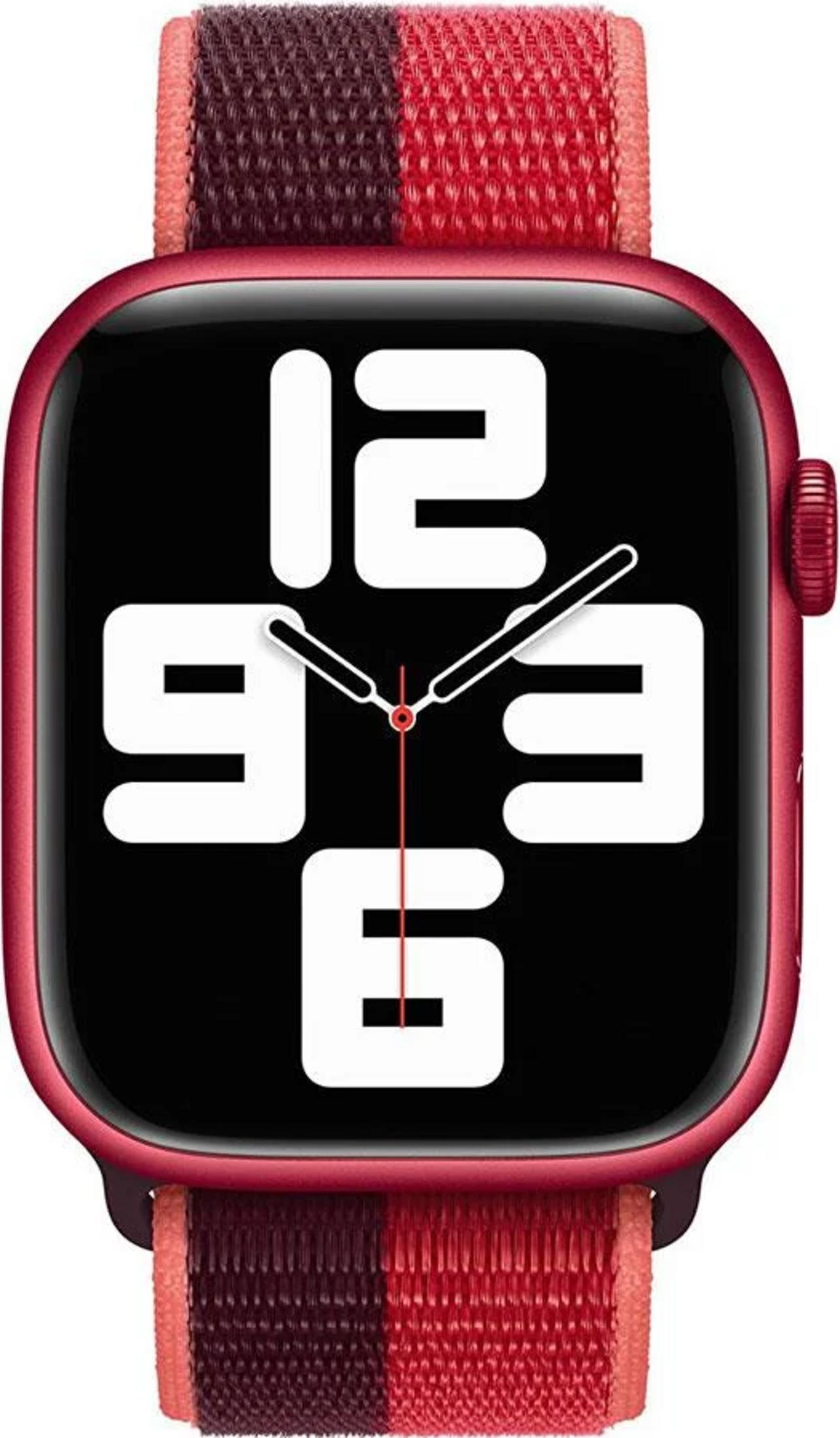 Czerwony smartwatch z czerwono-czarną opaską materiałową i czarną tarczą.