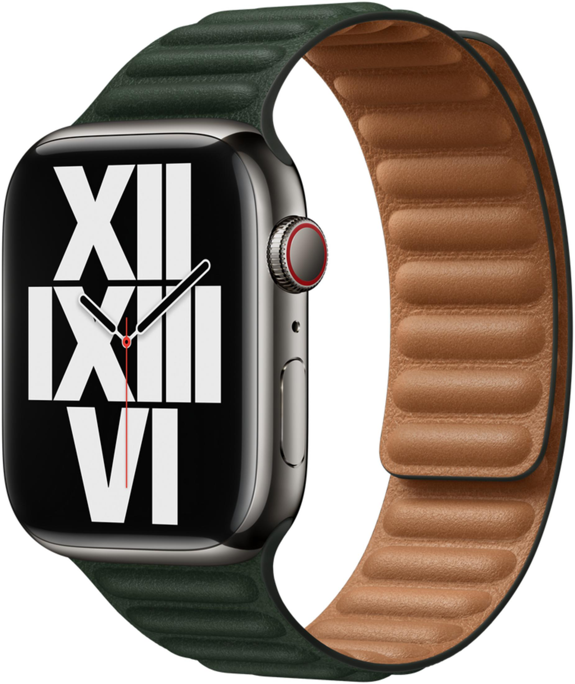 Een smartwatch met zilveren kast en een donkergroene band met bruine leren voering.
