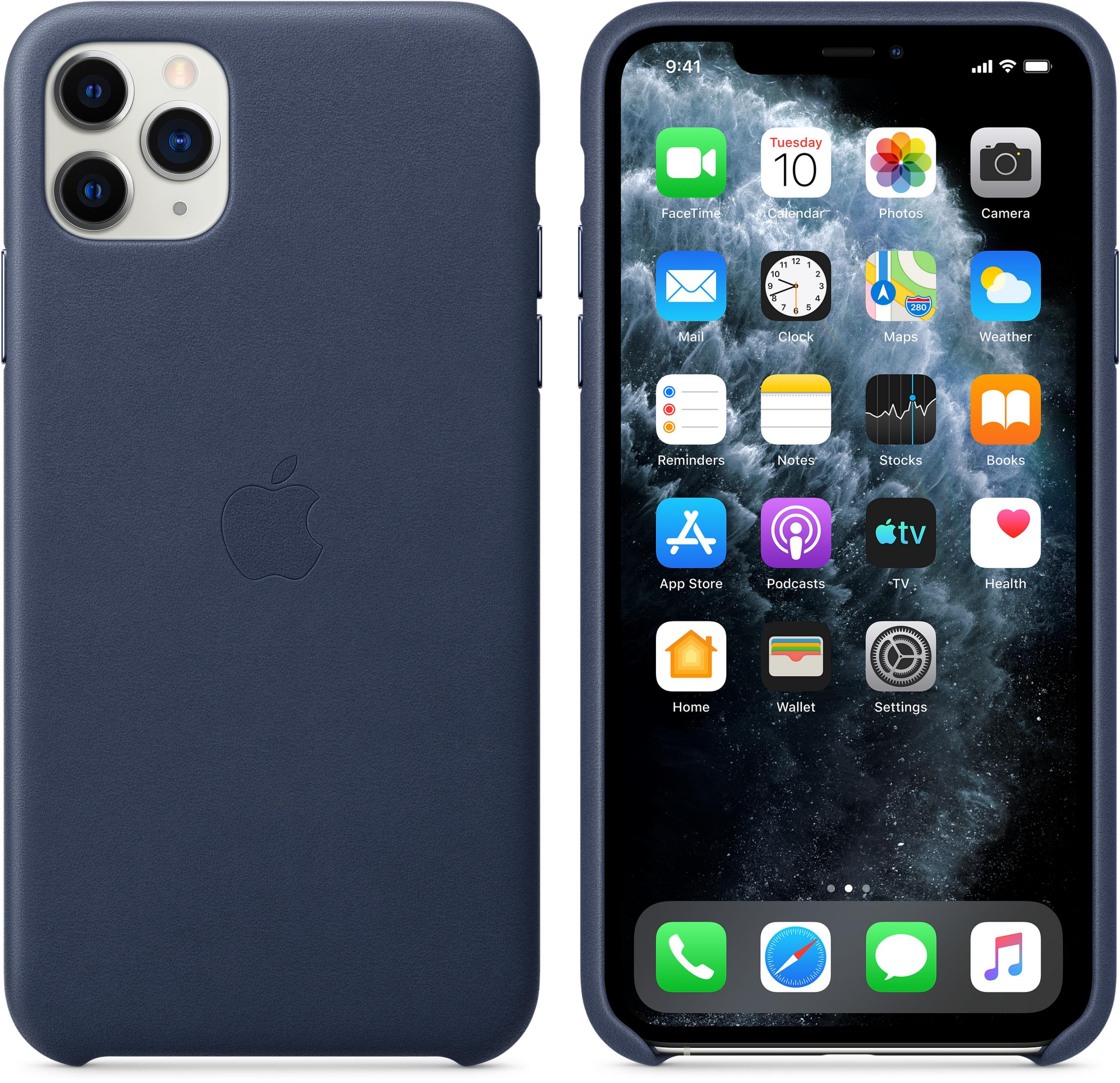 Donkerblauwe iPhone-hoes en een iPhone met apps op het beginscherm.