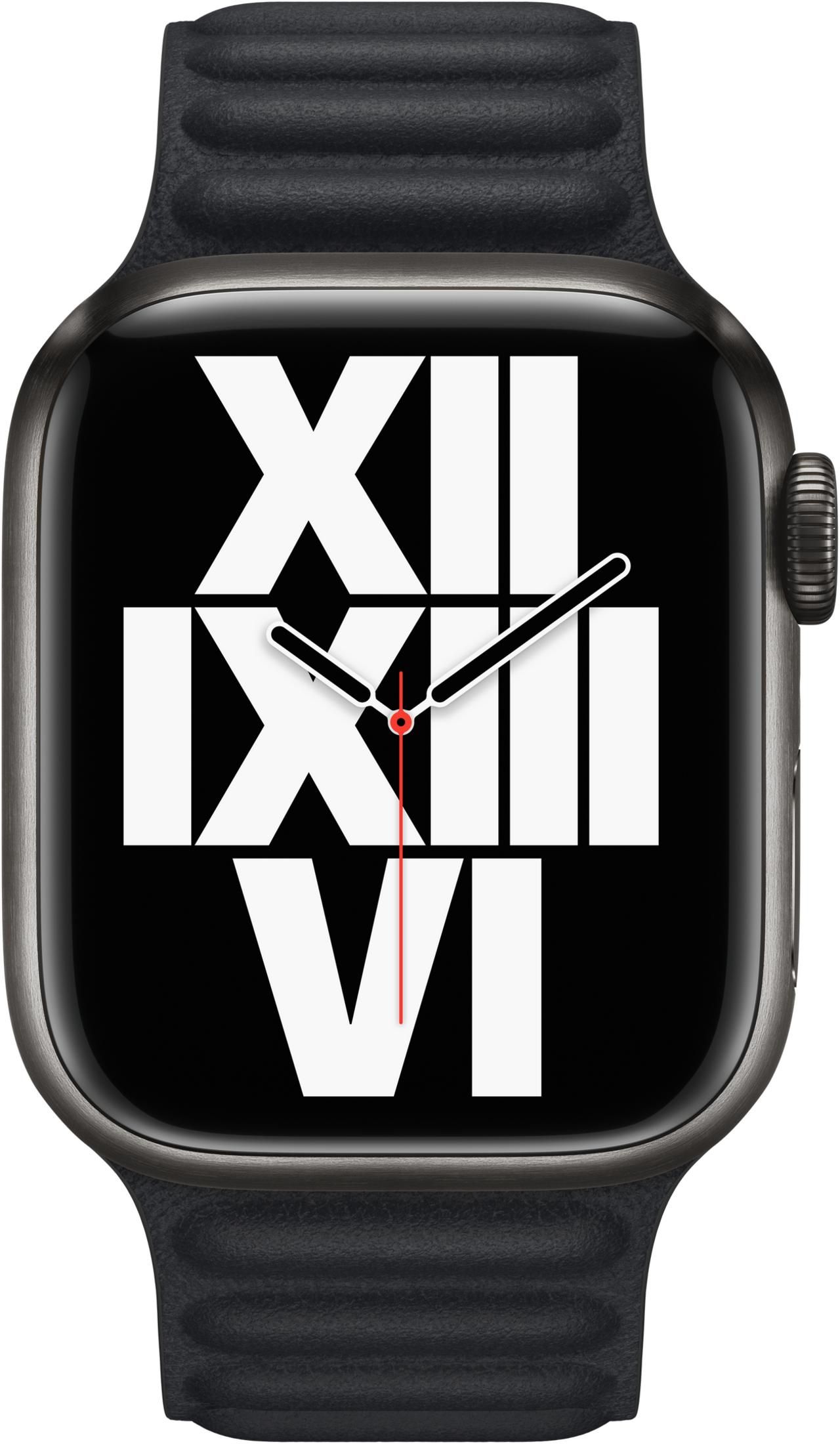 A grey smartwatch with a black band and a white Roman numeral watch face.