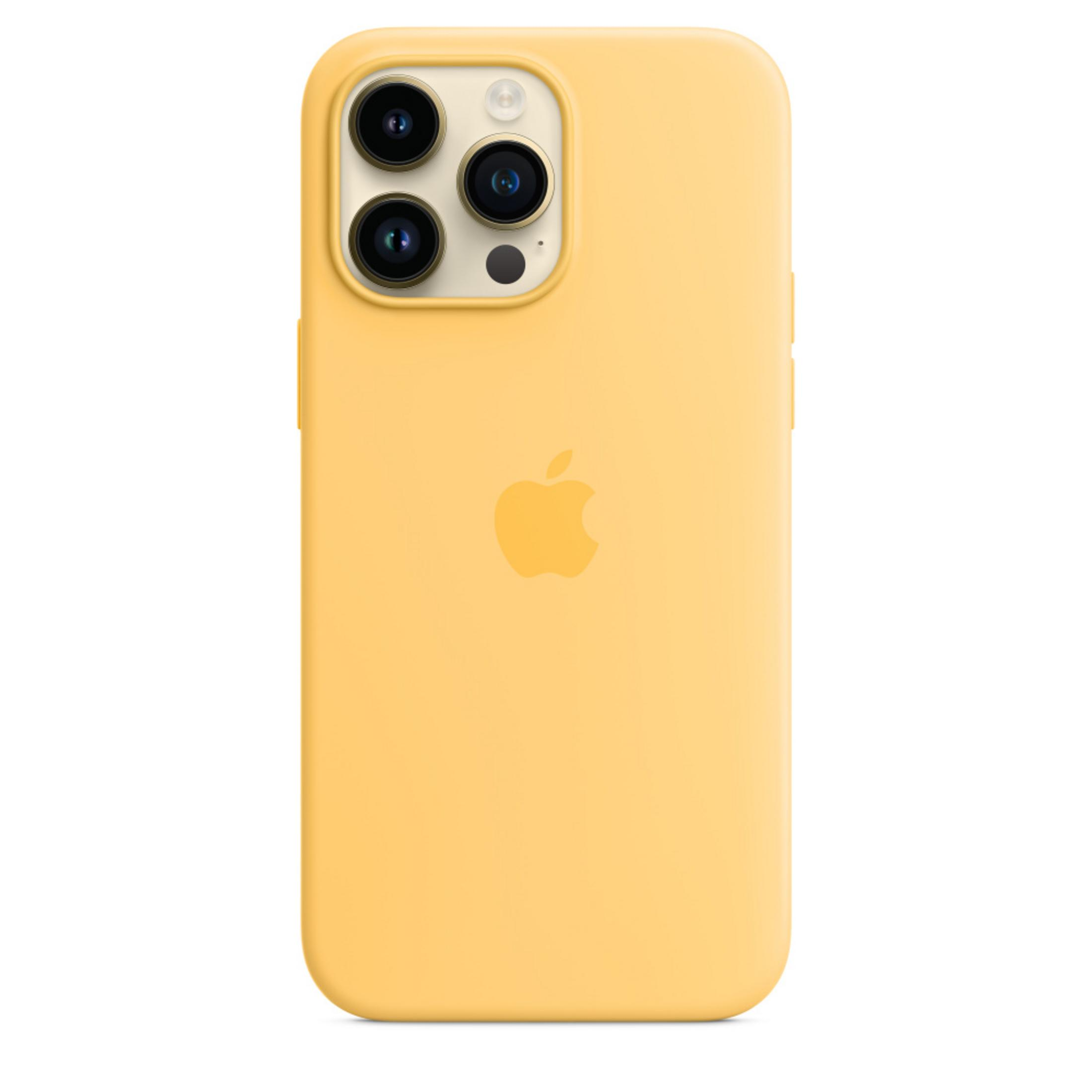 Gele iPhone case met Apple logo en drievoudige camera-uitsparing.