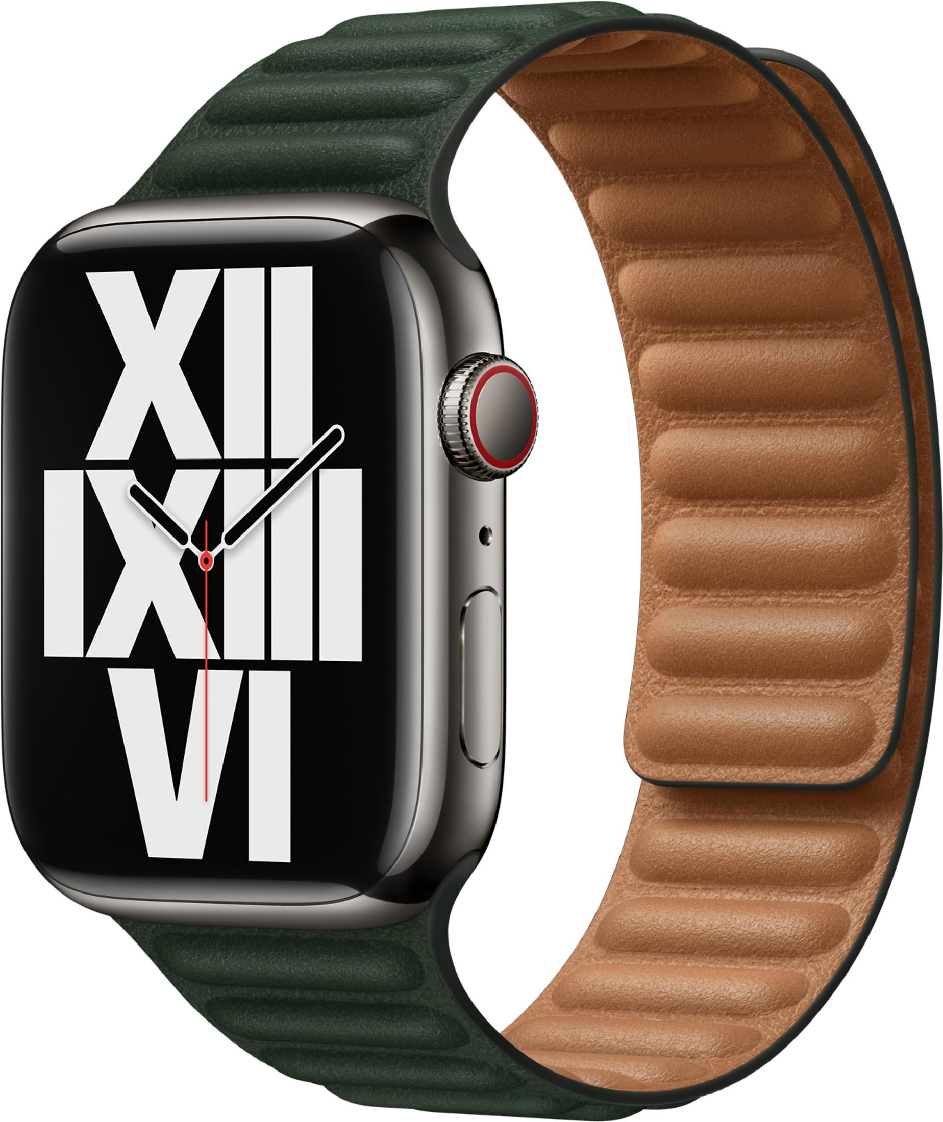 A smartwatch with a dark face showing Roman numerals and a brown leather band.