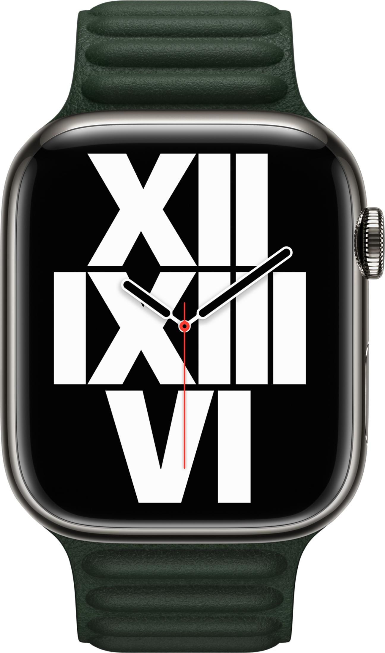 A green smartwatch displaying Roman numerals on its face.