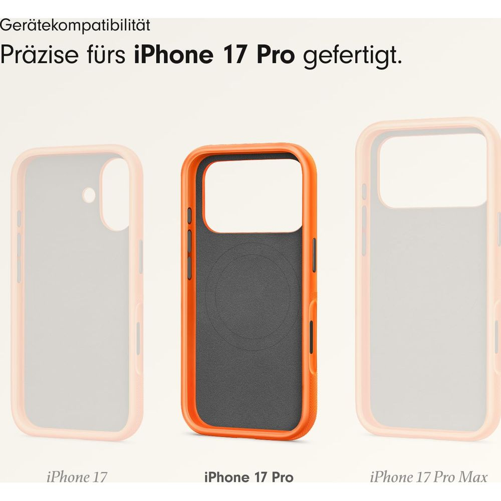 Trzy etui na iPhone: iPhone 17, iPhone 17 Pro (pomarańczowe), iPhone 17 Pro Max.