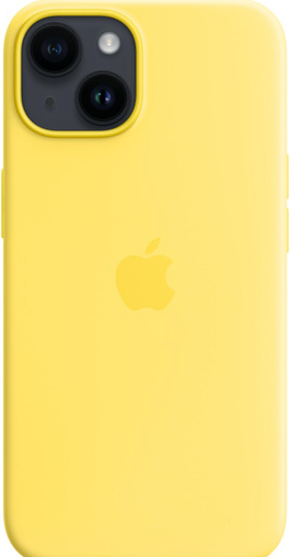 Żółte etui na iPhone z logo Apple i dwoma aparatami z tyłu.