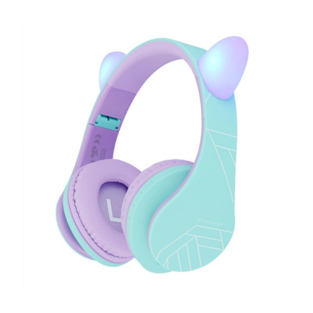Cuffie turchesi con padiglioni viola e orecchie da gatto luminose.