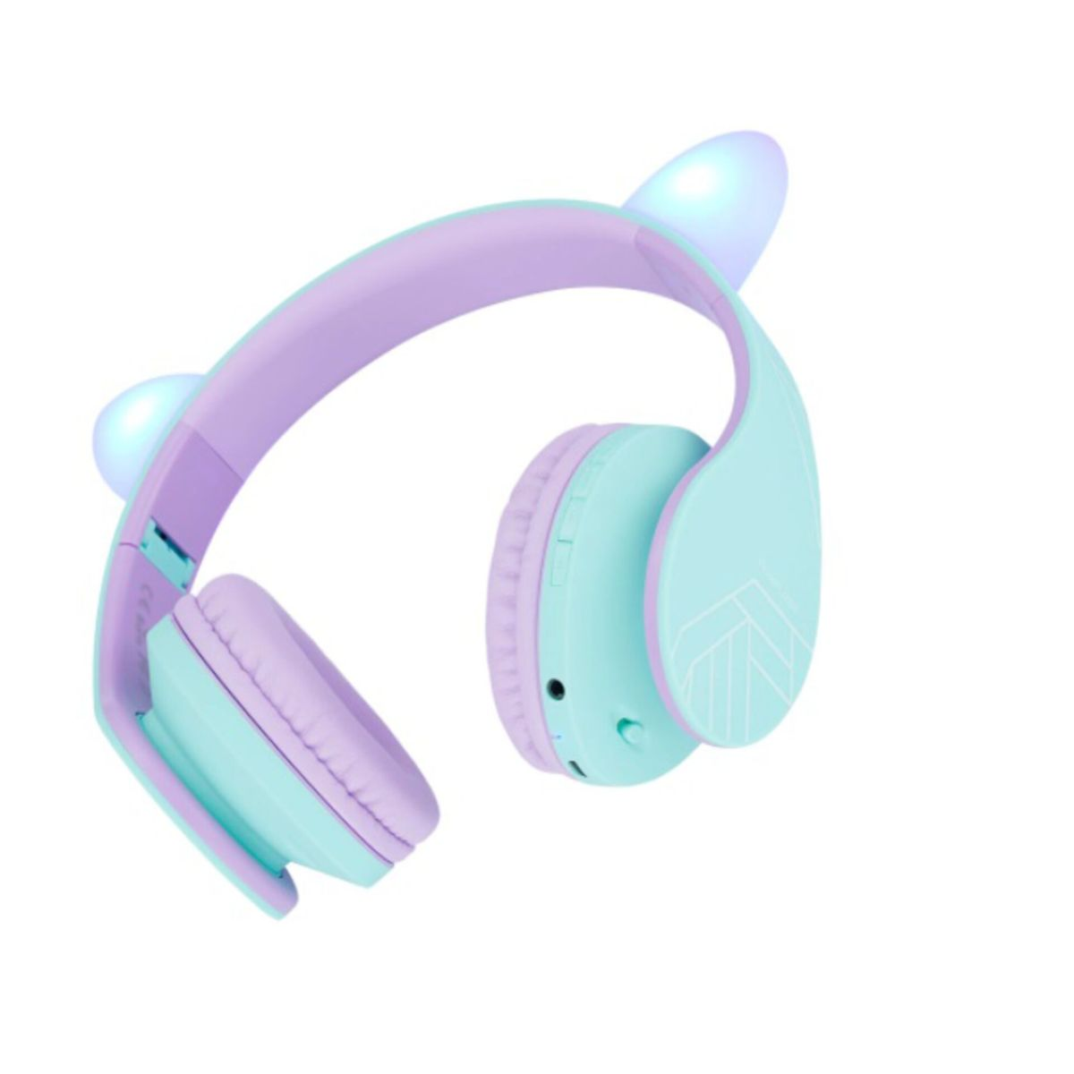 Cuffie viola e verde menta con orecchie da gatto e accenti luminosi.