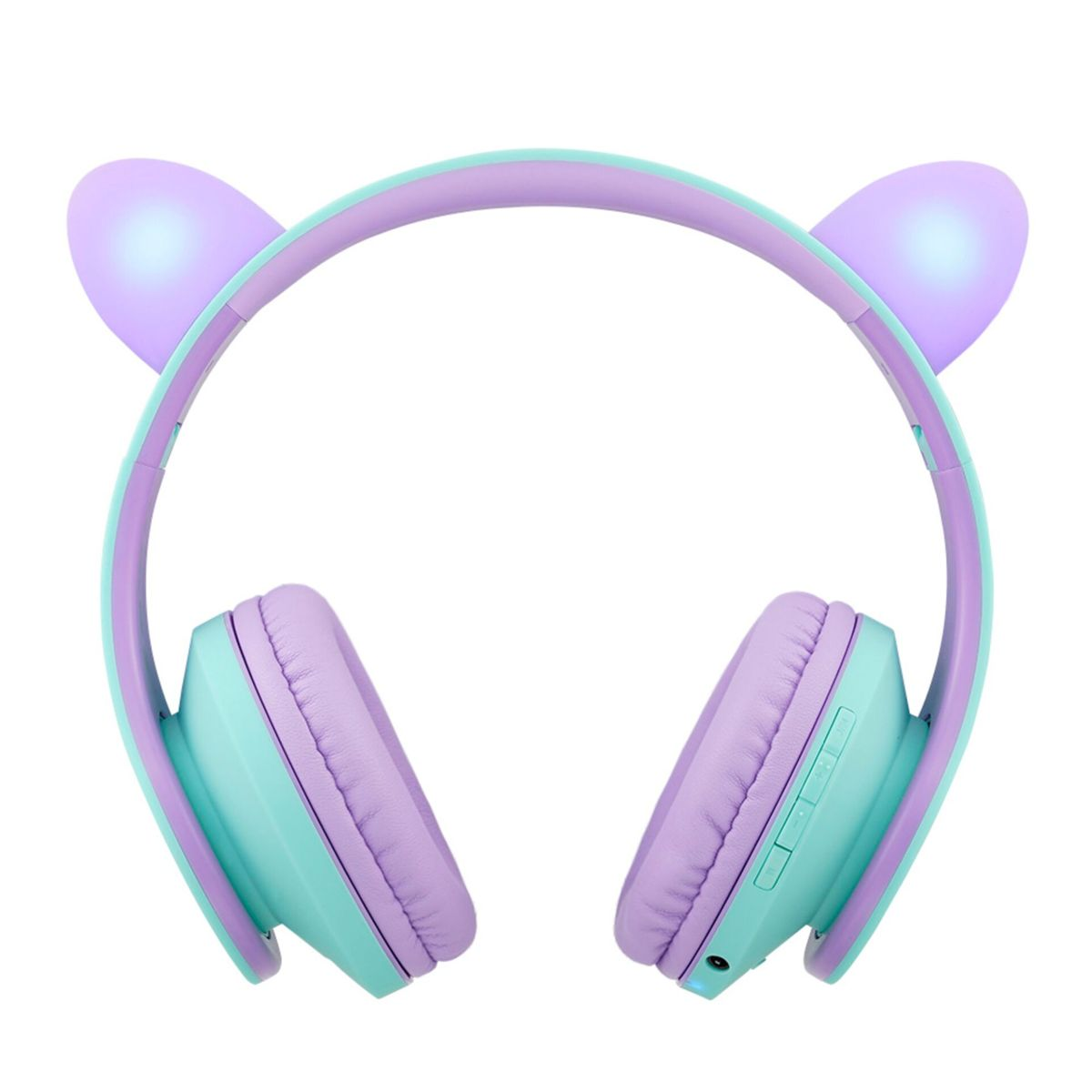 Cuffie viola e menta con orecchie da gatto e accenti luminosi.