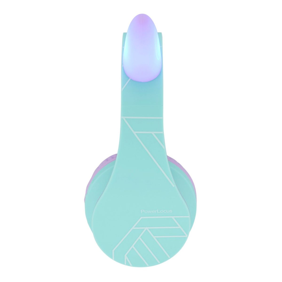 Cuffie turchesi con accenti viola e archetto illuminato.