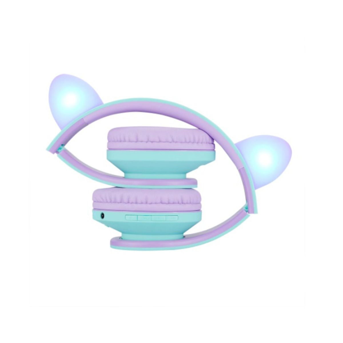 Cuffie viola e verde menta con orecchie luminose su sfondo bianco.