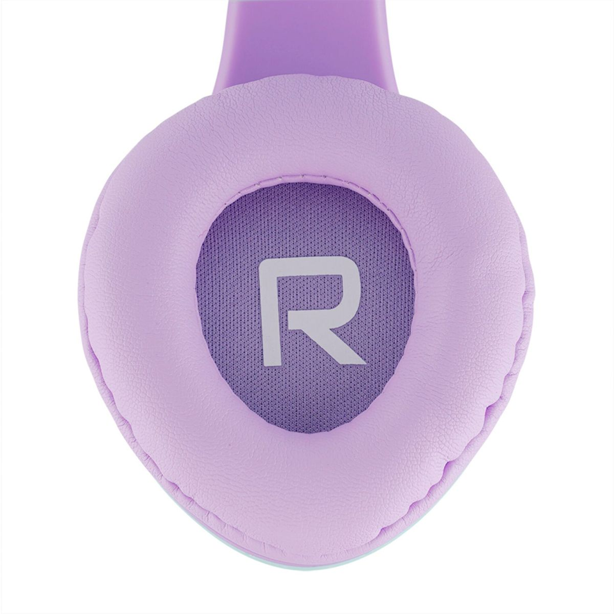 Cuffia viola con logo R bianco su rete viola.