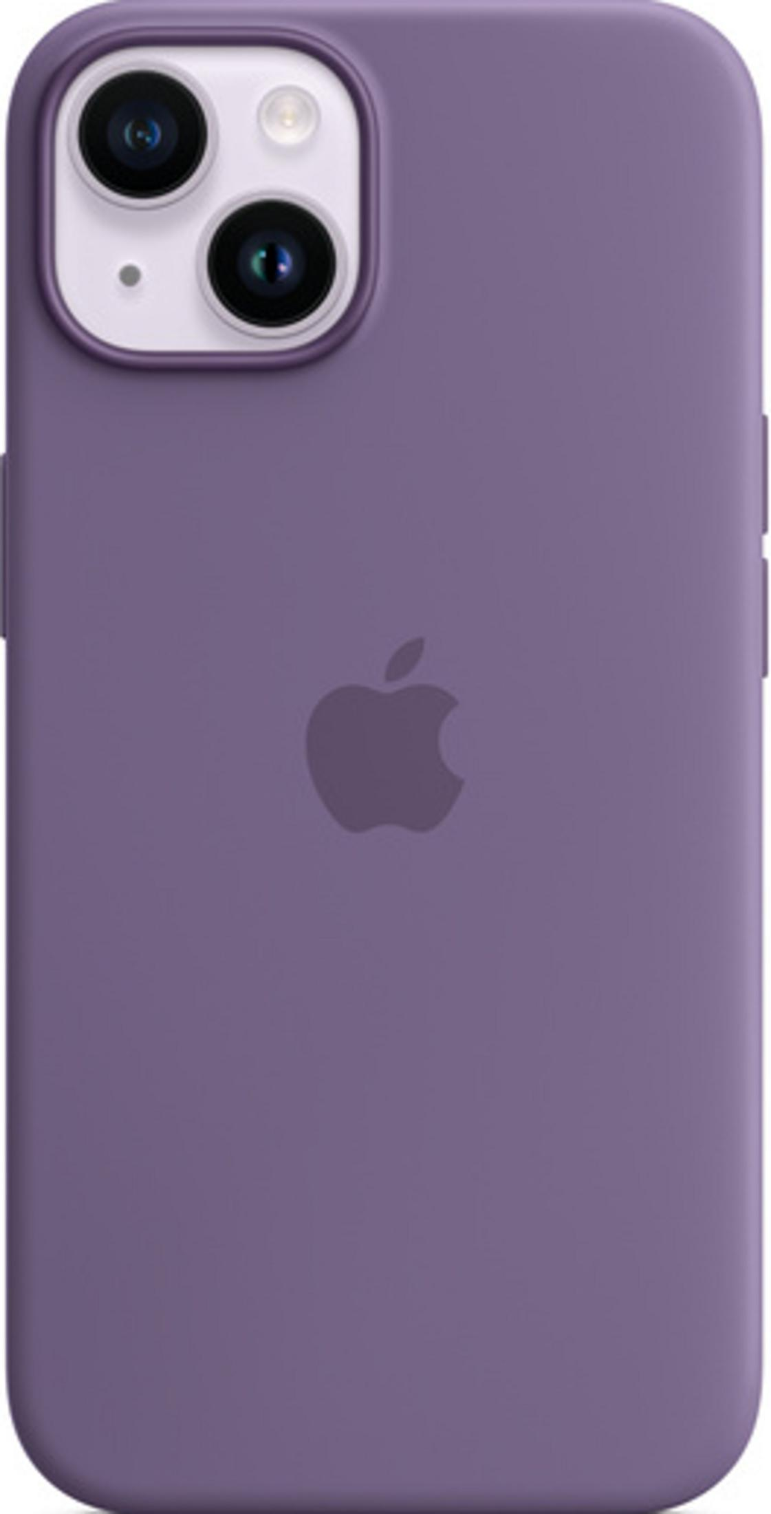 Fioletowe etui na telefon z logo Apple i wycięciem na aparat.