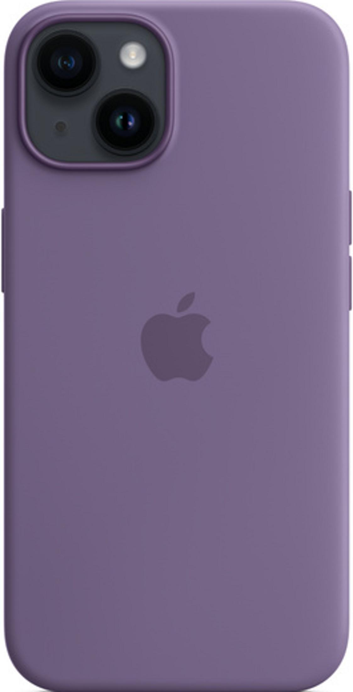 Fioletowe etui na iPhone z logo Apple i wycięciem na aparat.
