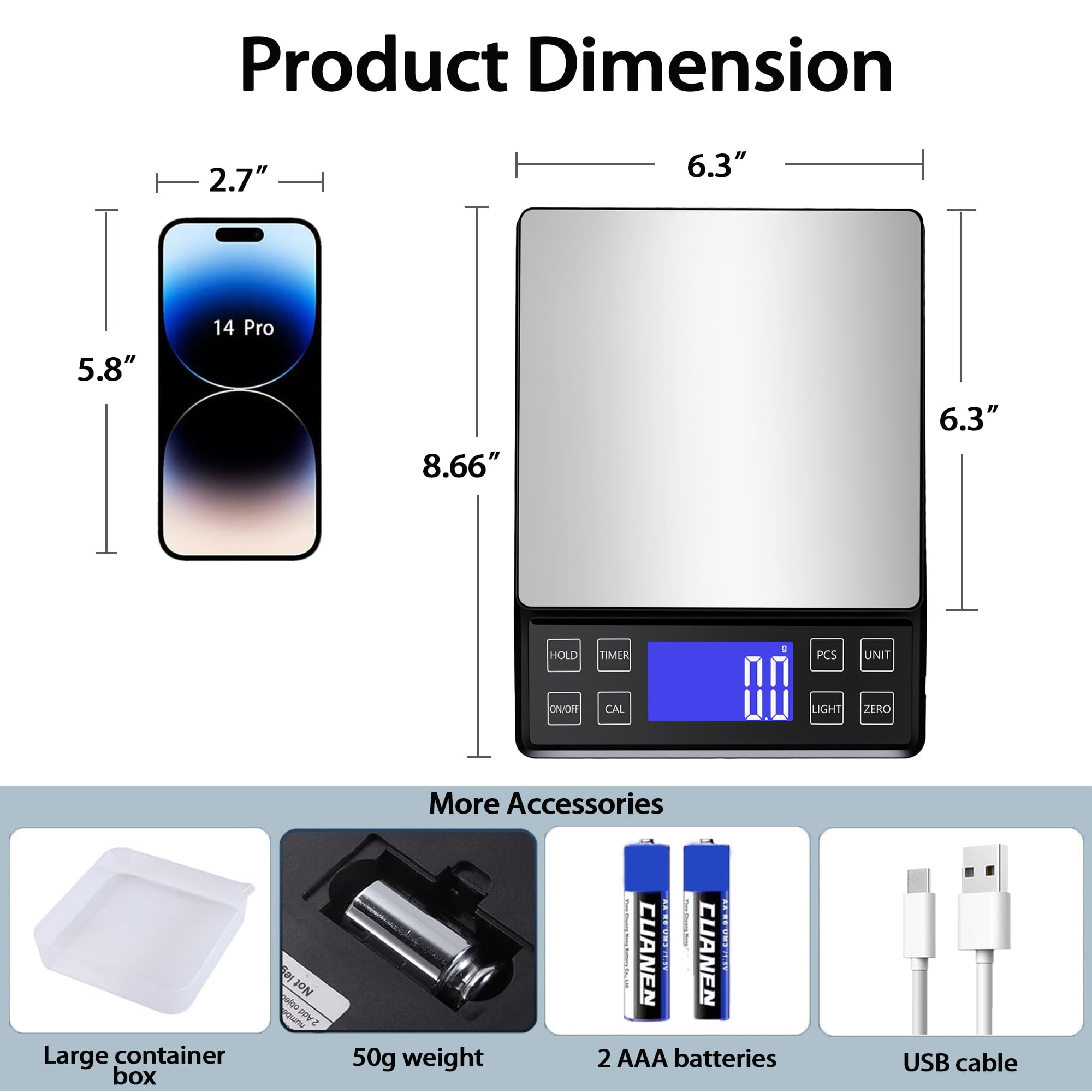 Digitale Waage mit Zubehör: iPhone 14 Pro, Behälter, Gewicht, Batterien, Kabel.