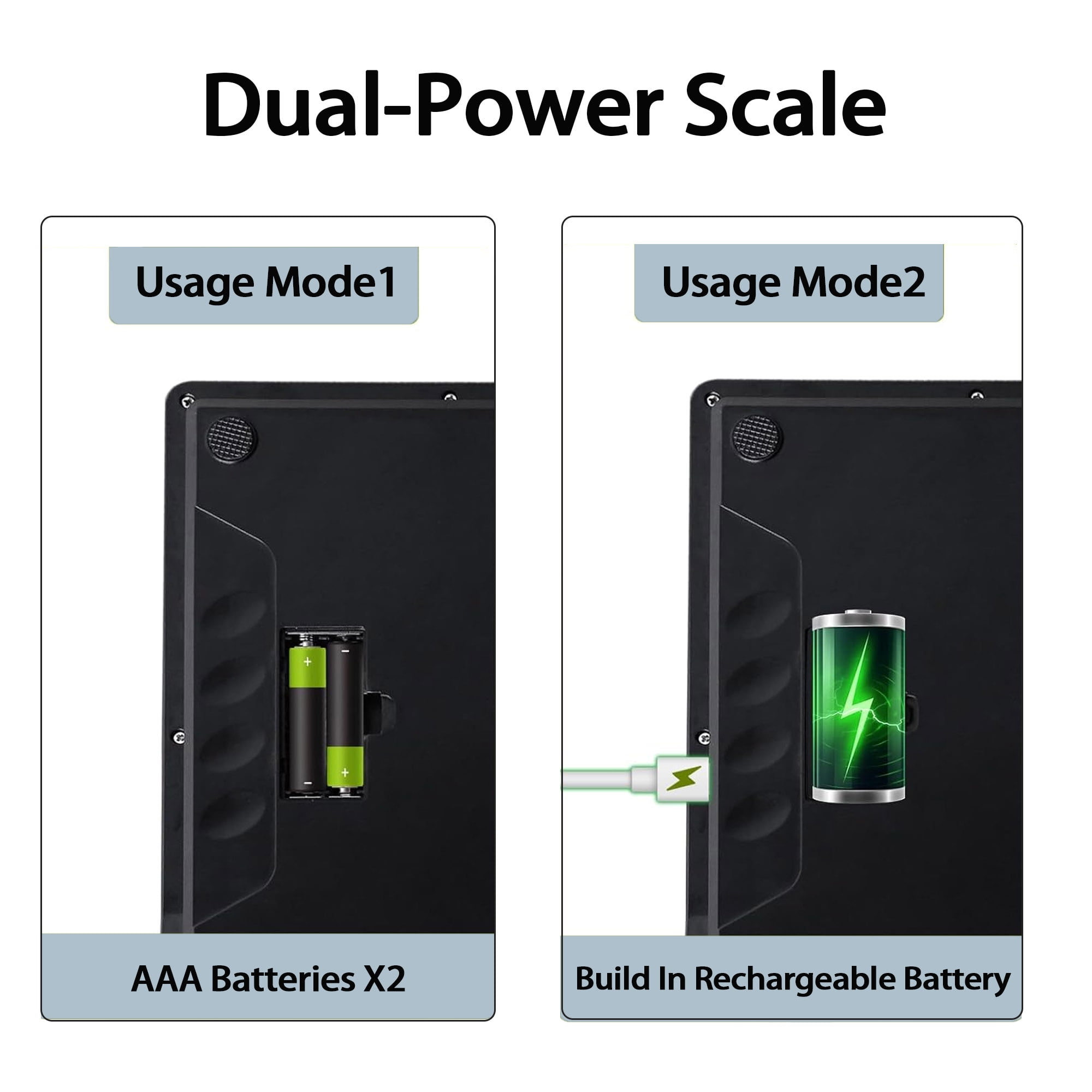 Waage mit zwei Stromversorgungsoptionen: AAA-Batterien oder Akku.