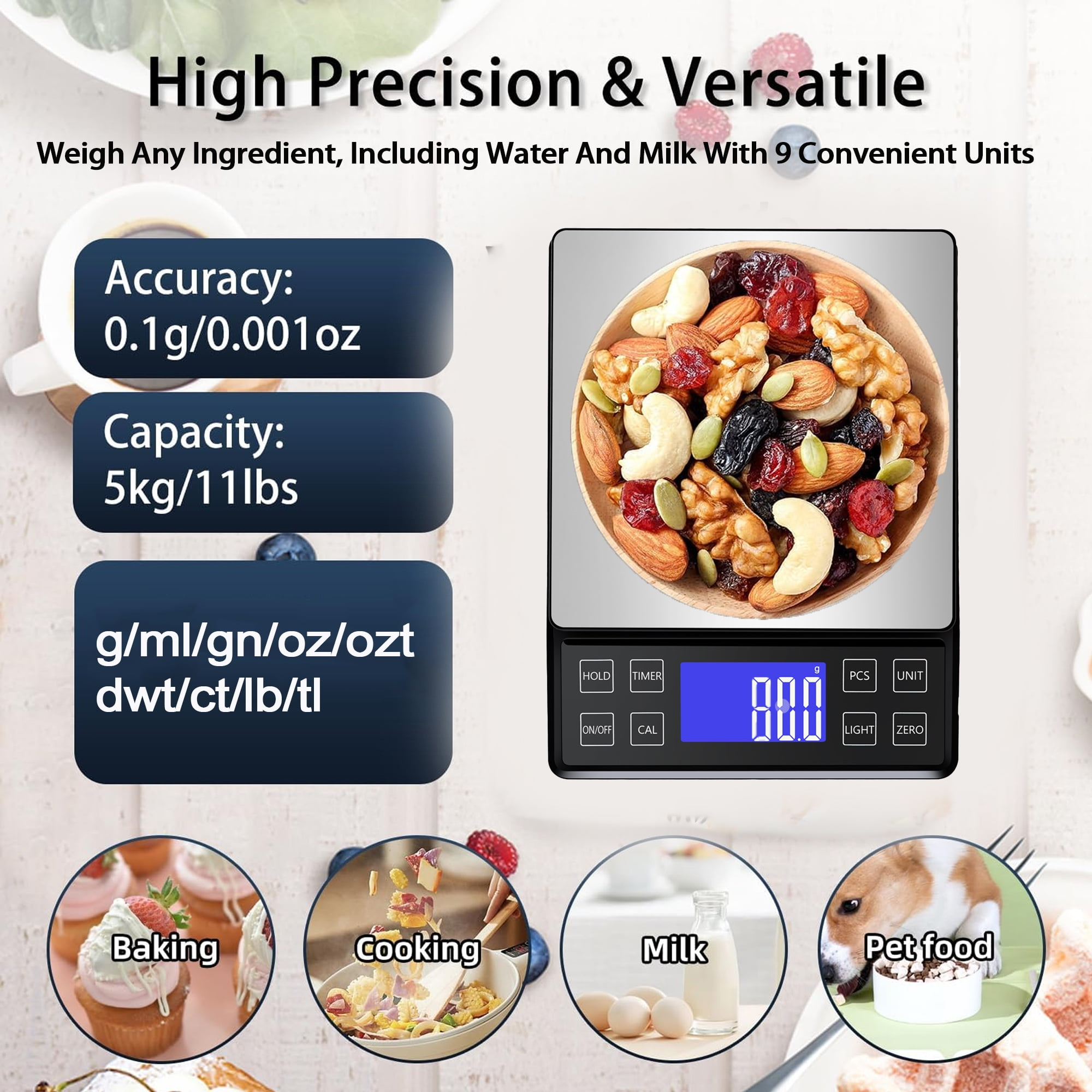 Digitale Küchenwaage mit Schüssel voller Nüsse und Beeren, Optionen für Backen, Kochen.