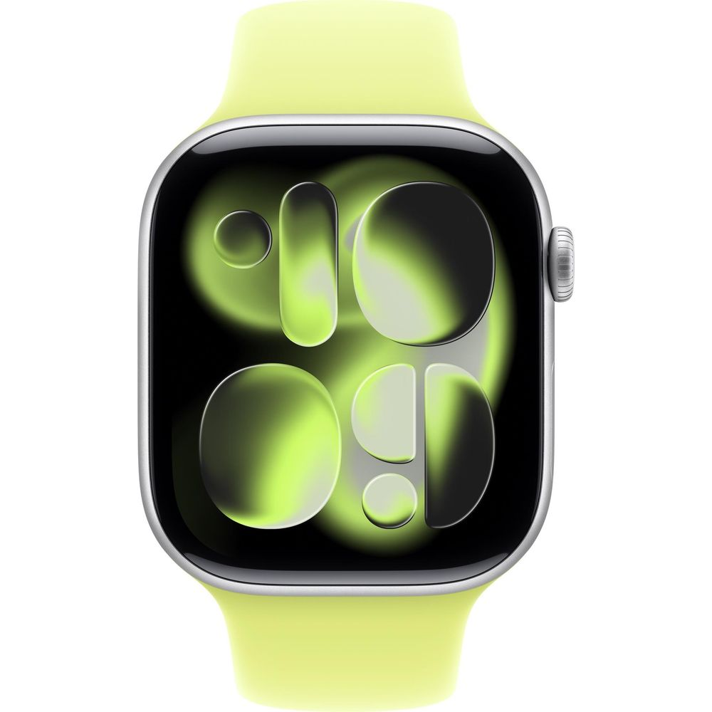 Uno smartwatch giallo brillante con quadrante scuro che mostra forme astratte verdi.
