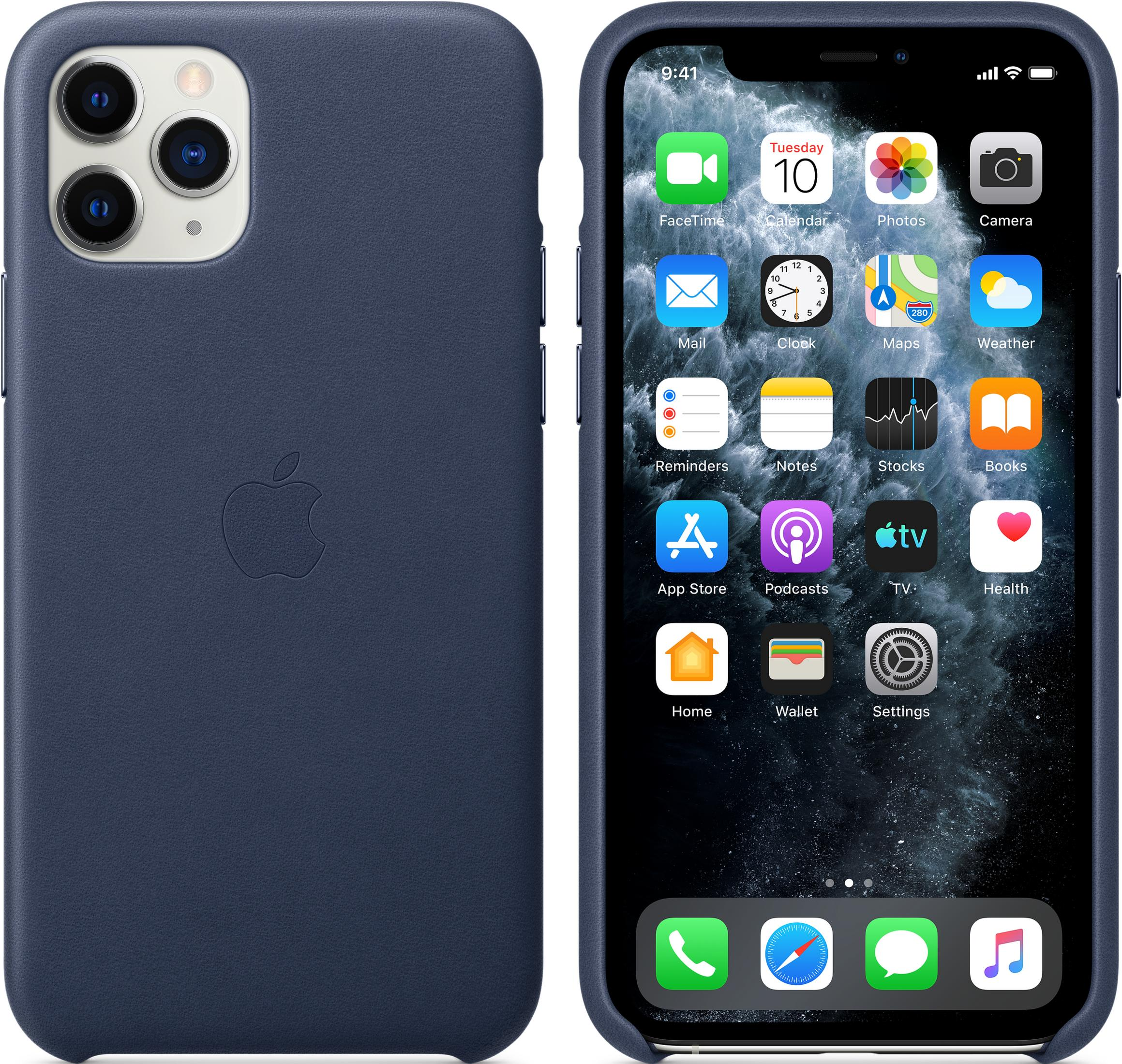 Niebieski iPhone z etui i widokiem wszystkich aplikacji na ekranie.