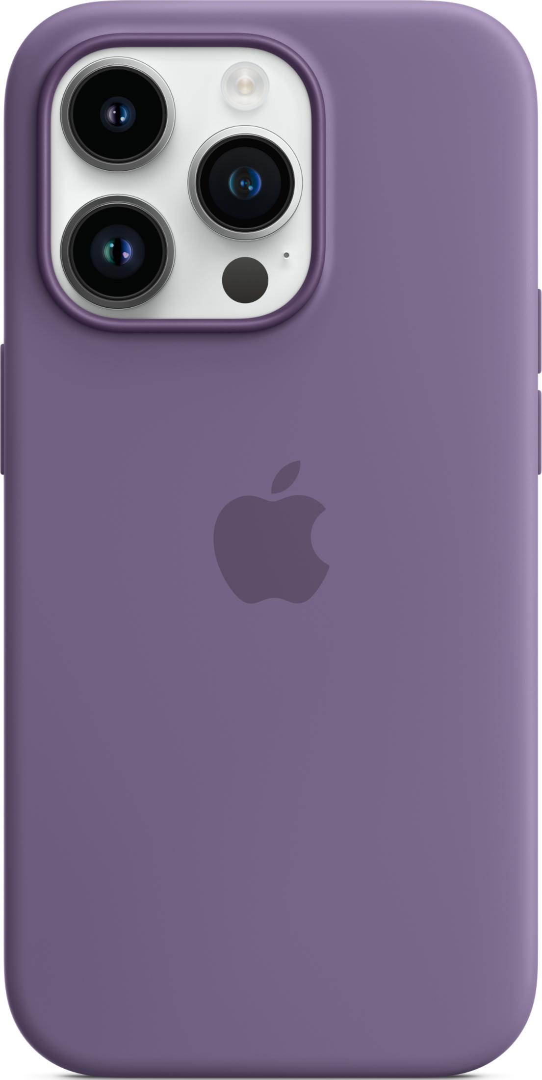 Purple iPhone case with Apple logo and triple camera.