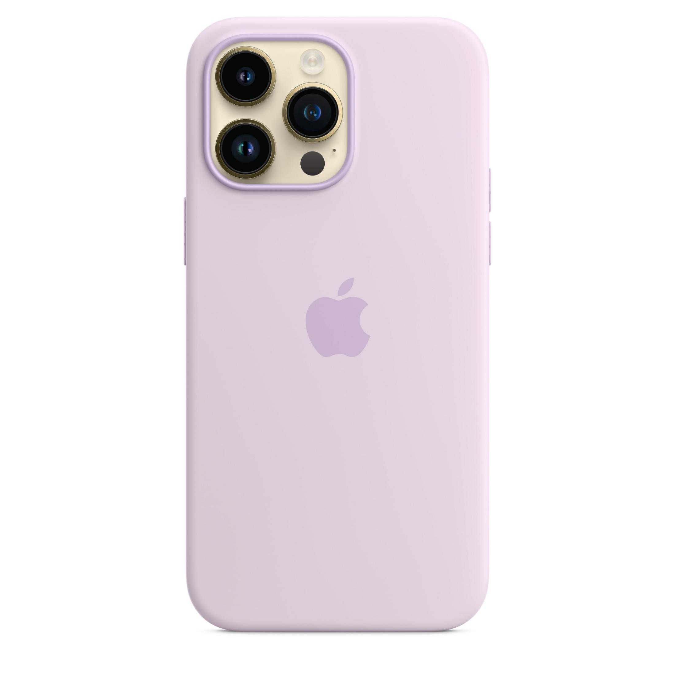Ein hellviolettes iPhone-Gehäuse mit drei Kameras und dem Apple-Logo.