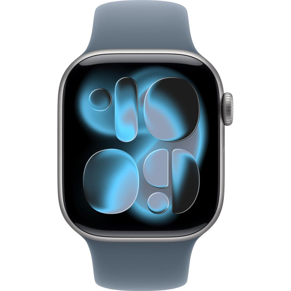 Se muestra un Apple Watch gris con una esfera de reloj abstracta azul.