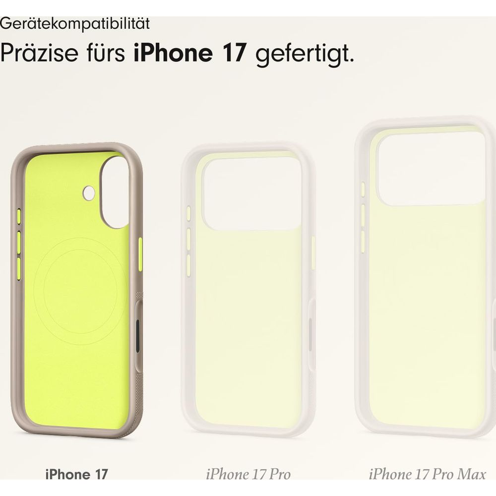Tre custodie iPhone: iPhone 17, 17 Pro, 17 Pro Max. Una è gialla.