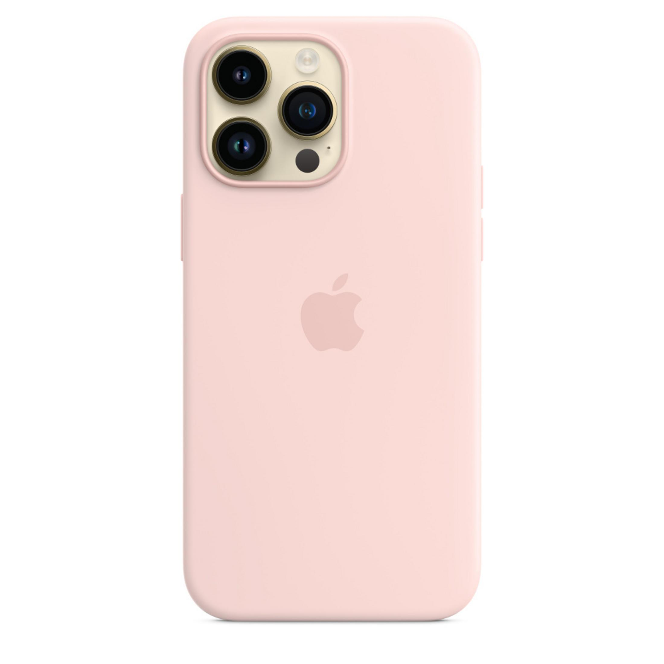 Une coque de téléphone rose avec logo Apple et lentilles de caméra.