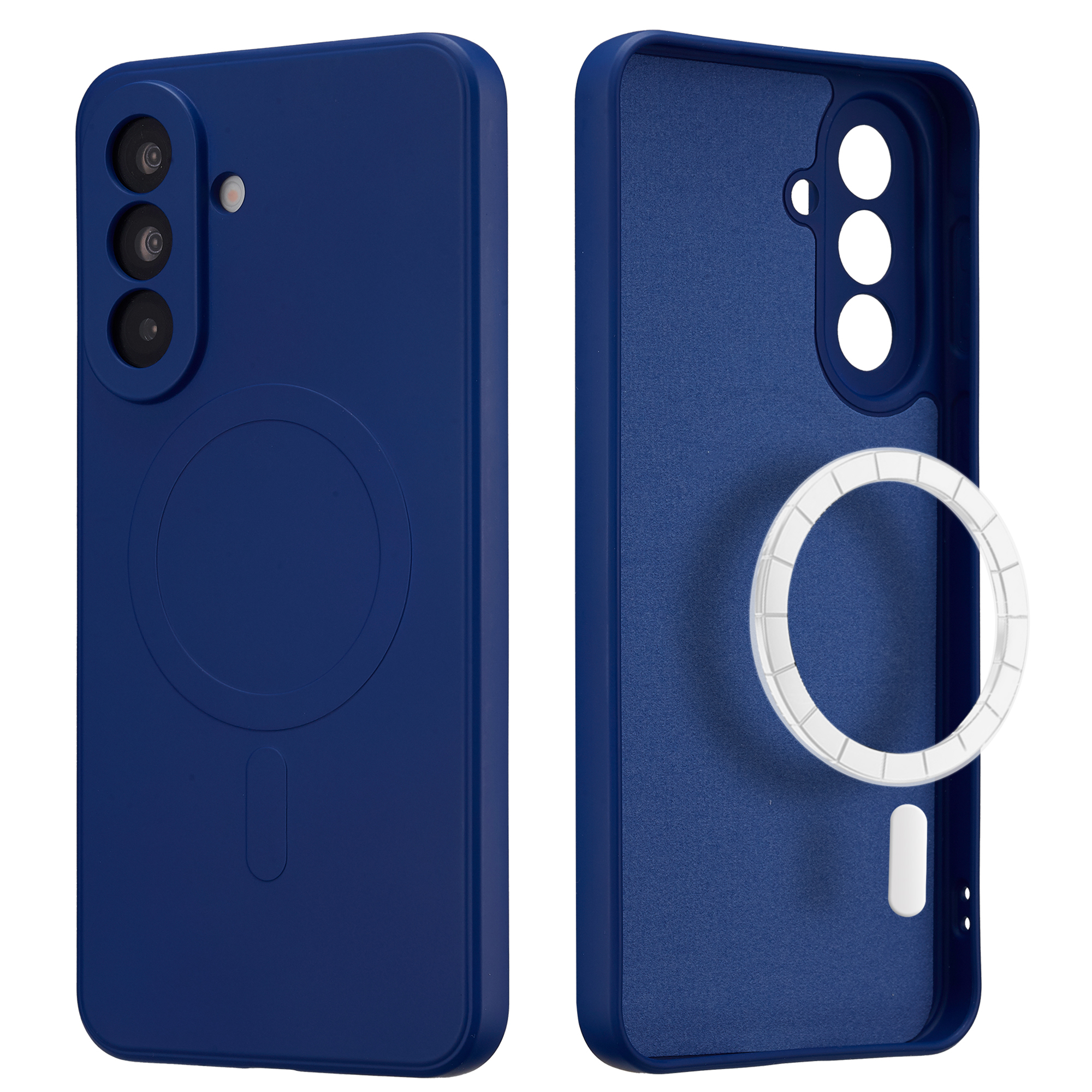 Coque de téléphone bleue avec trois objectifs et un anneau magnétique.