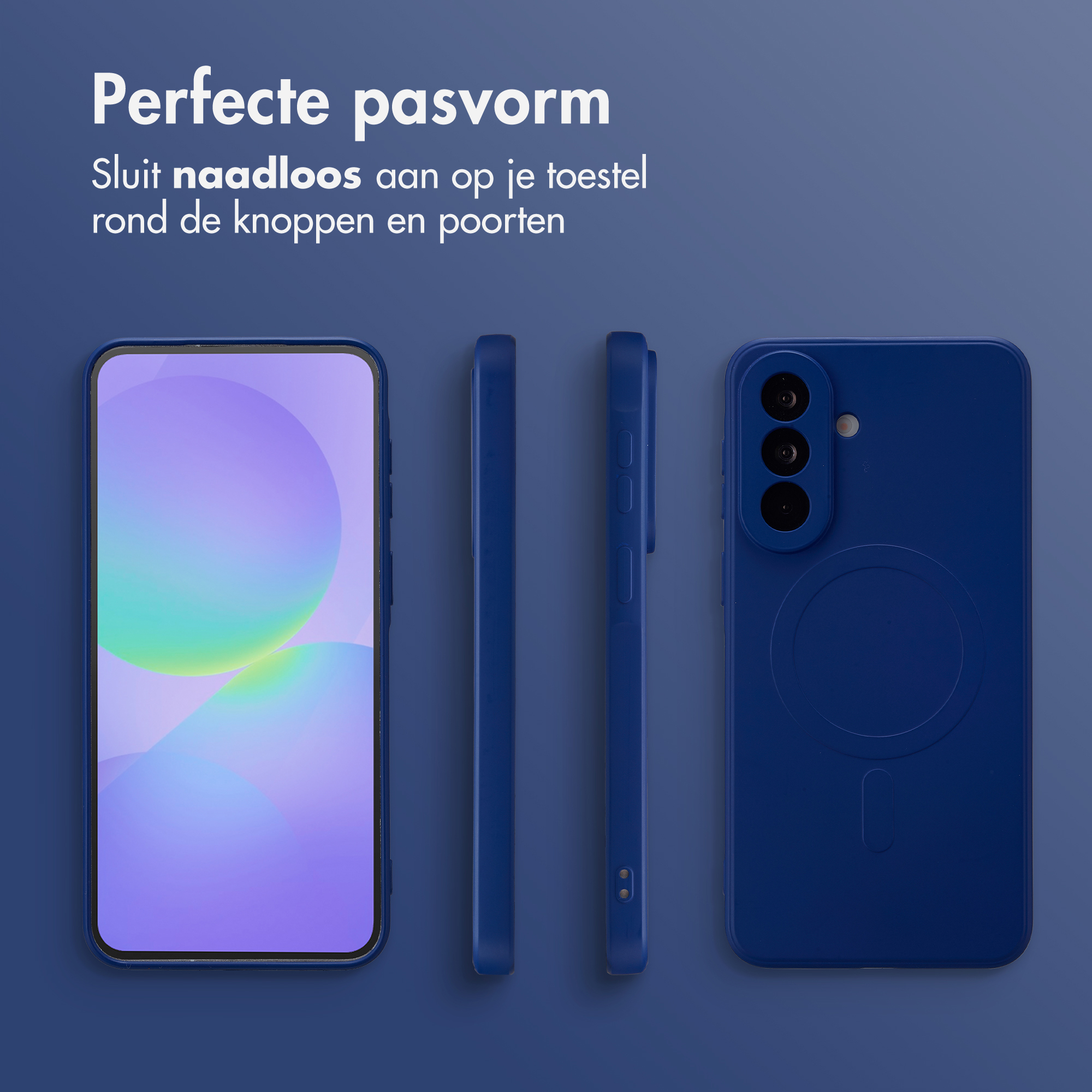 Trois coques de téléphone bleues sur fond bleu. Une avec écran, deux vues de côté.