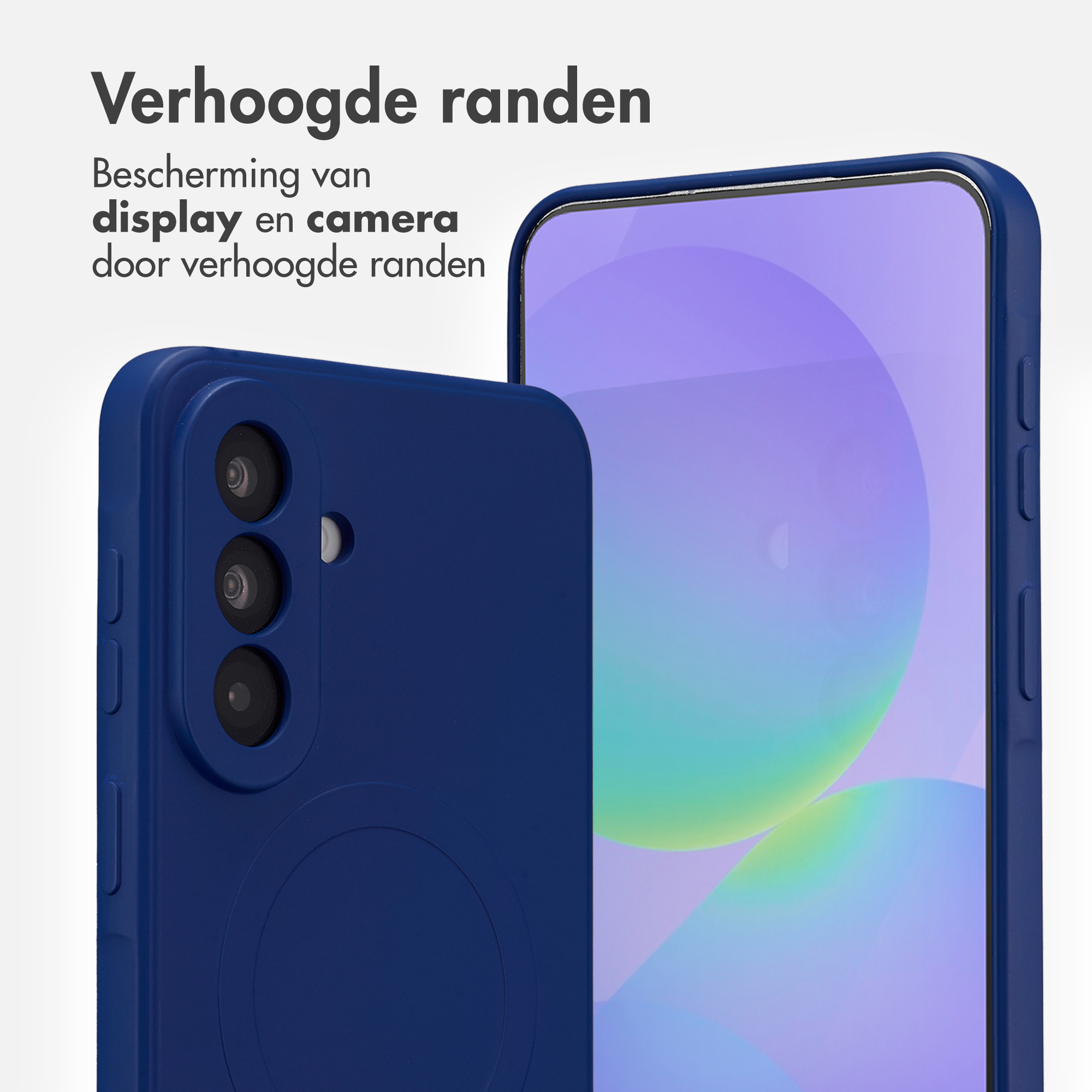 Téléphone bleu foncé avec bords surélevés, caméras et écran violet.