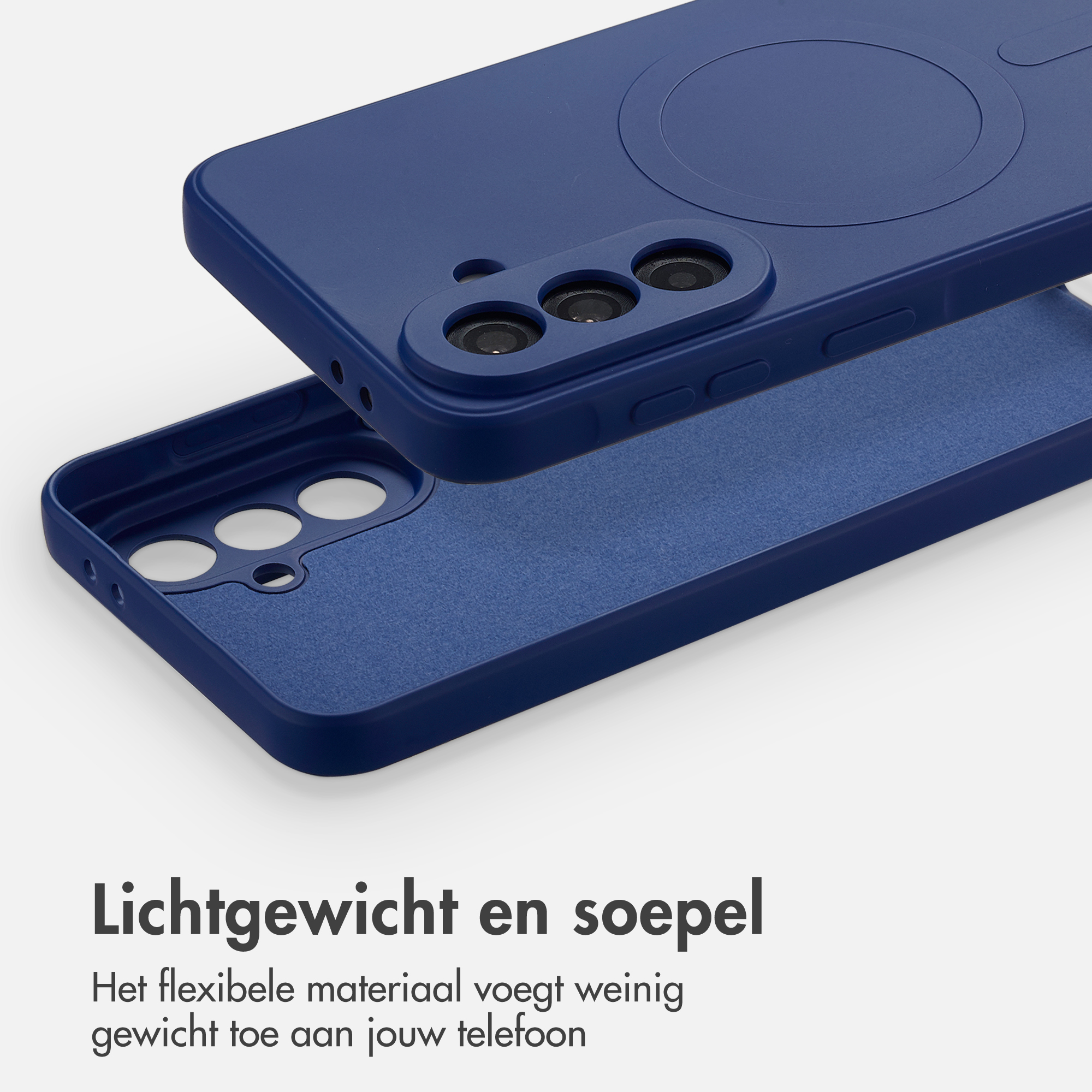 Coque de téléphone bleu foncé, en deux parties, révélant les découpes caméra et un anneau magnétique.