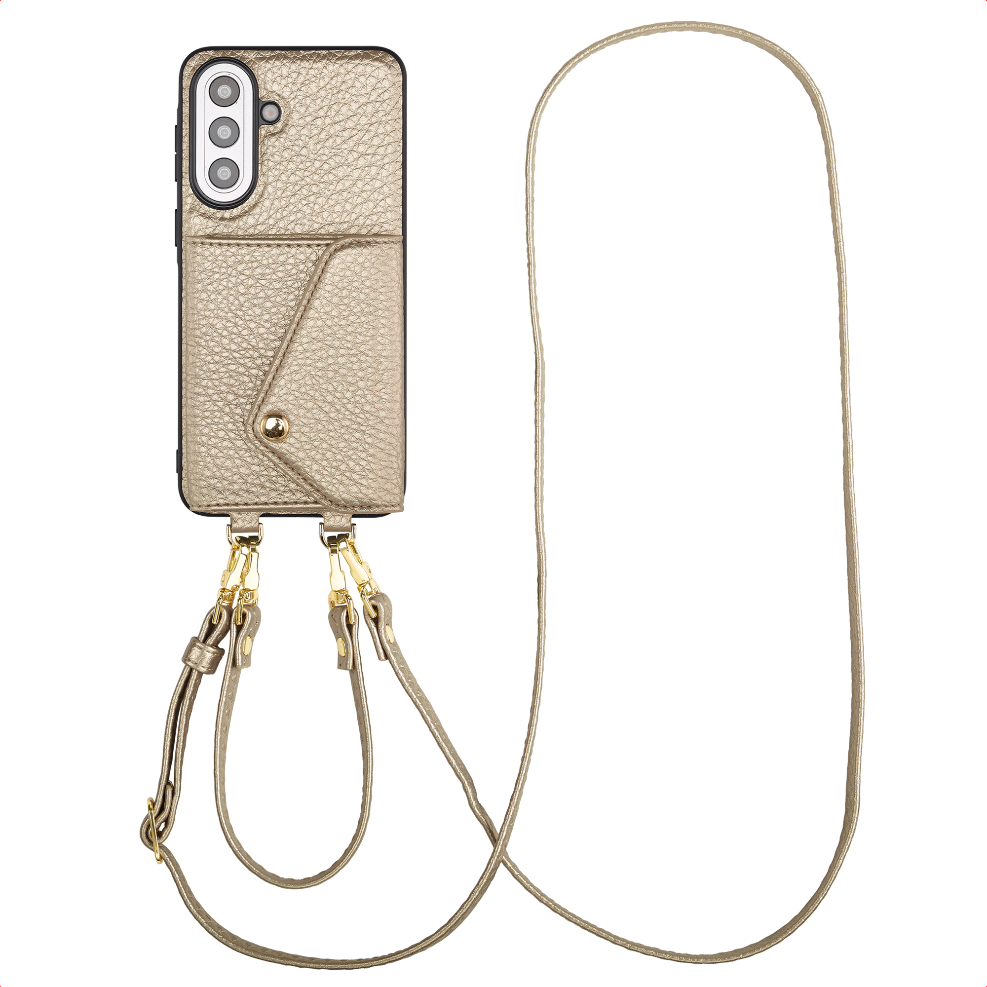 Coque dorée pour téléphone avec trois caméras et cordon.