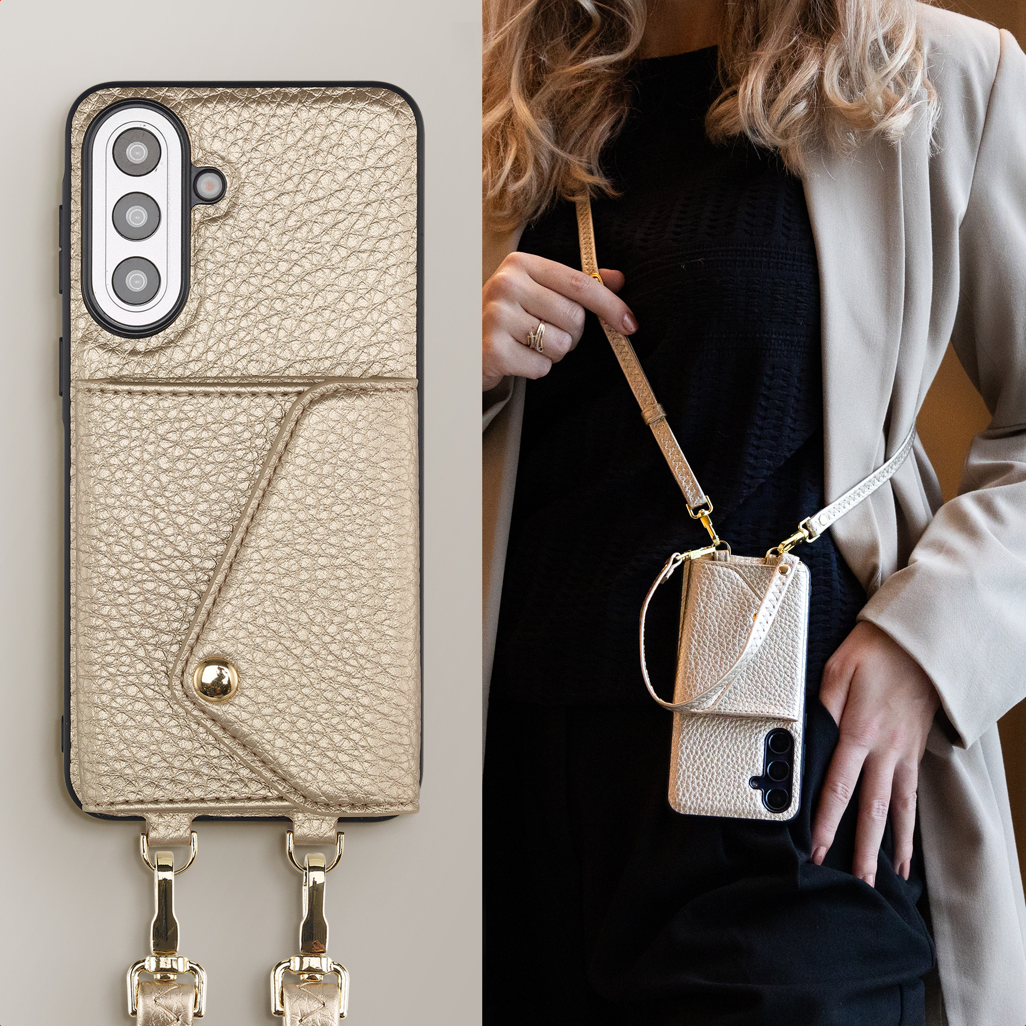Étui de téléphone en cuir doré avec découpe caméra et bandoulière, porté par une femme.
