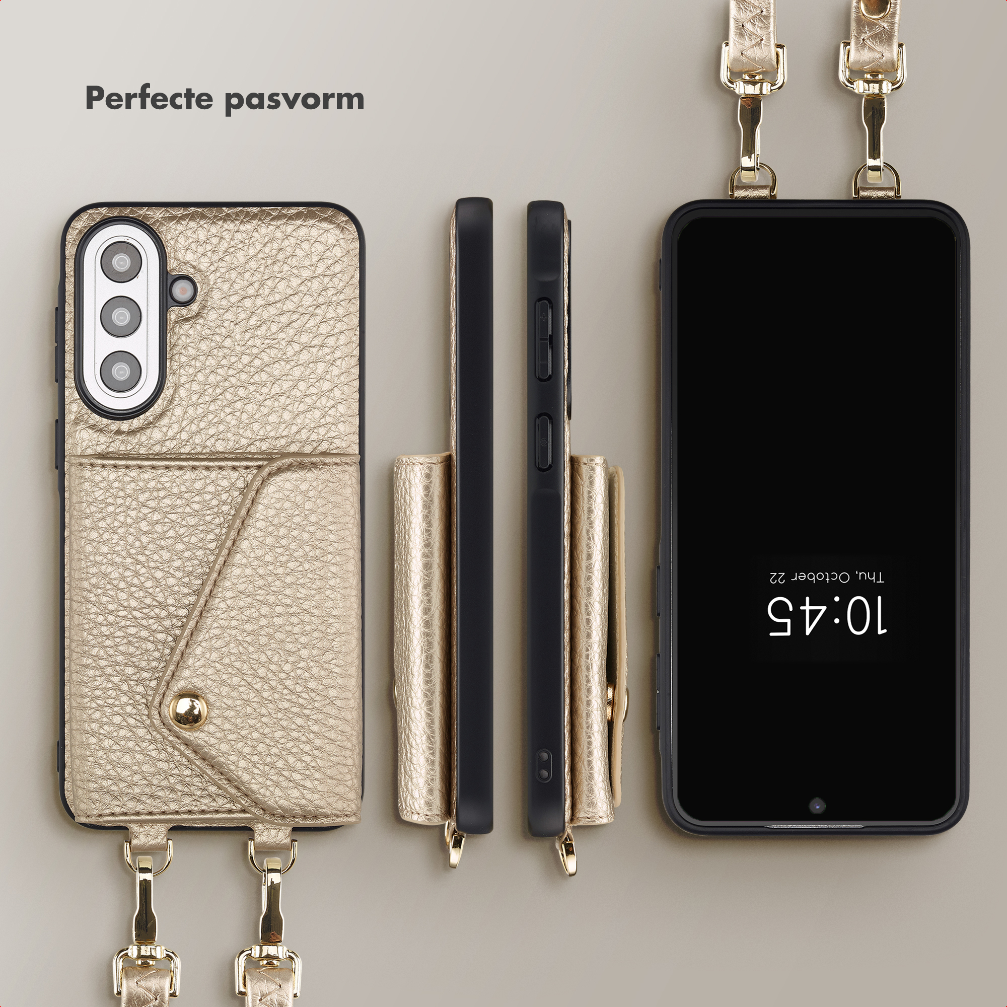 Coque dorée pour téléphone avec porte-cartes et lanière, à côté d'un téléphone.