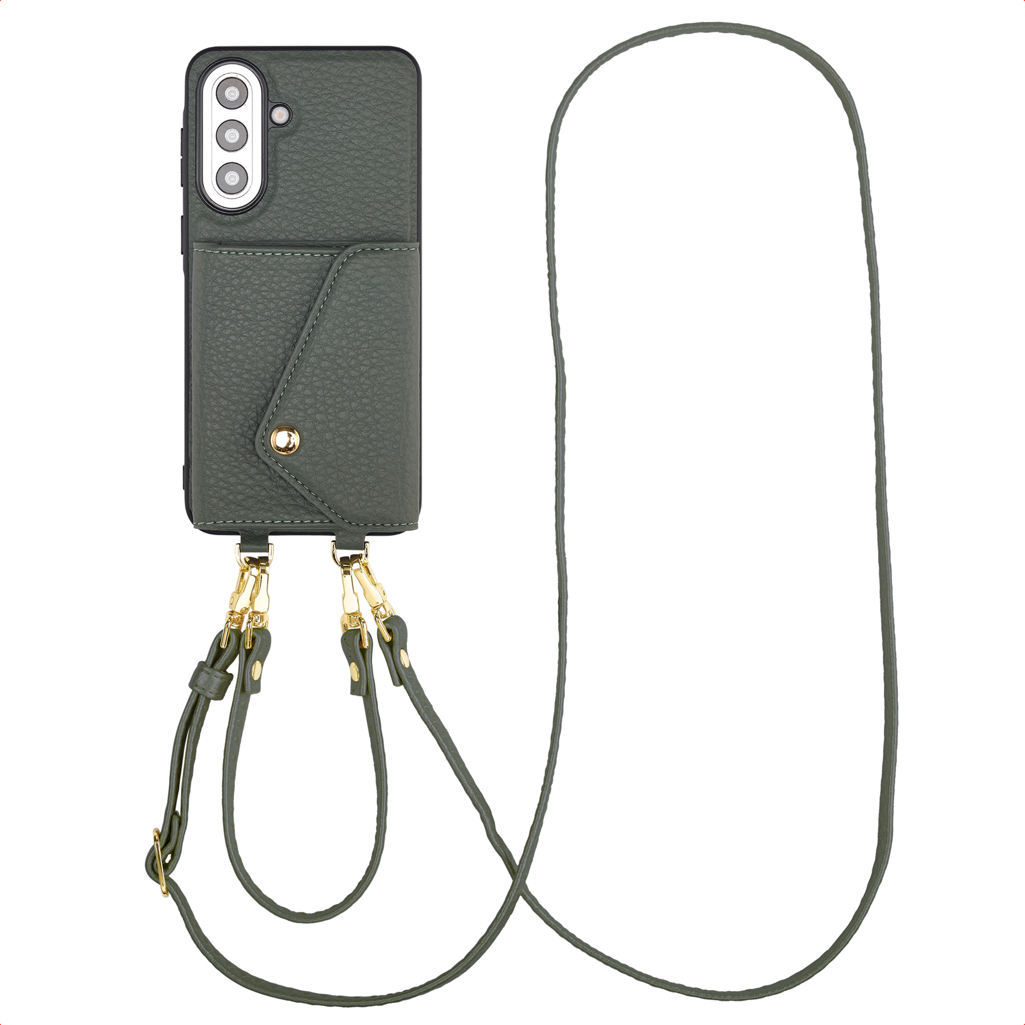 Coque de téléphone vert foncé avec découpe caméra et lanière.