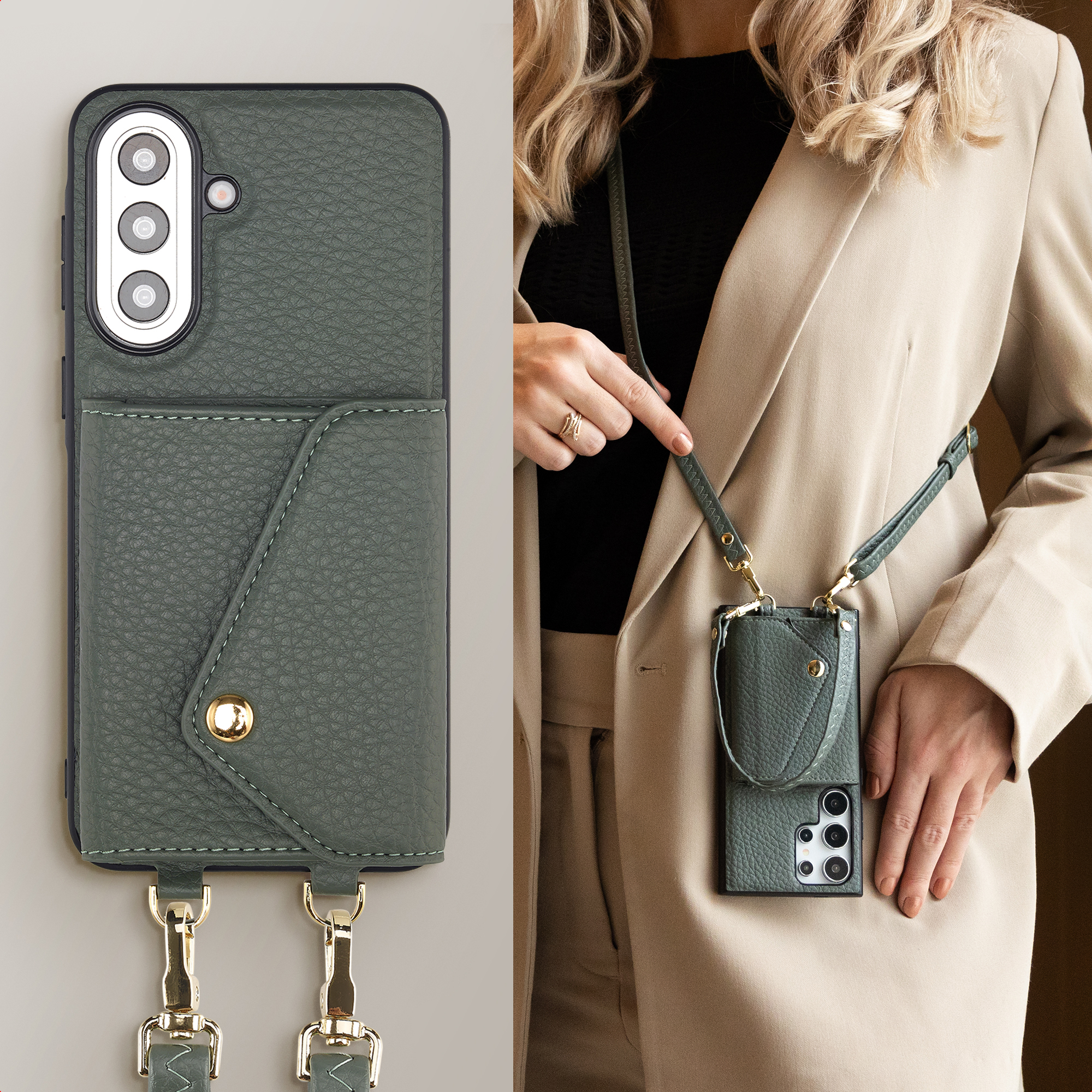 Coque de téléphone en cuir vert avec pochette et bandoulière, portée par une femme.