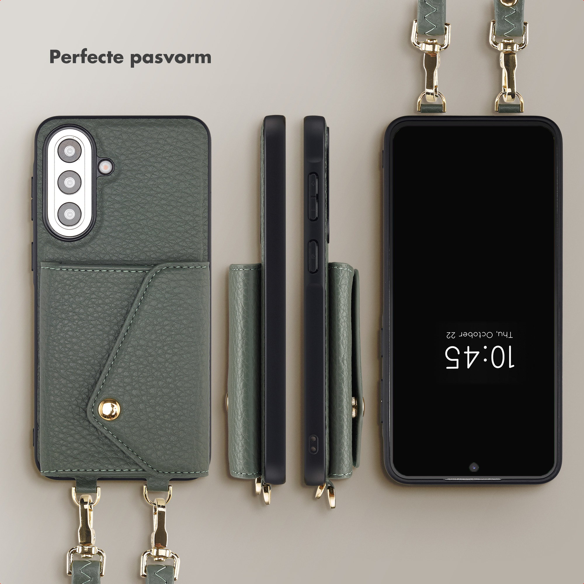 Coque de téléphone verte avec porte-cartes et lanière, vues latérales et téléphone.