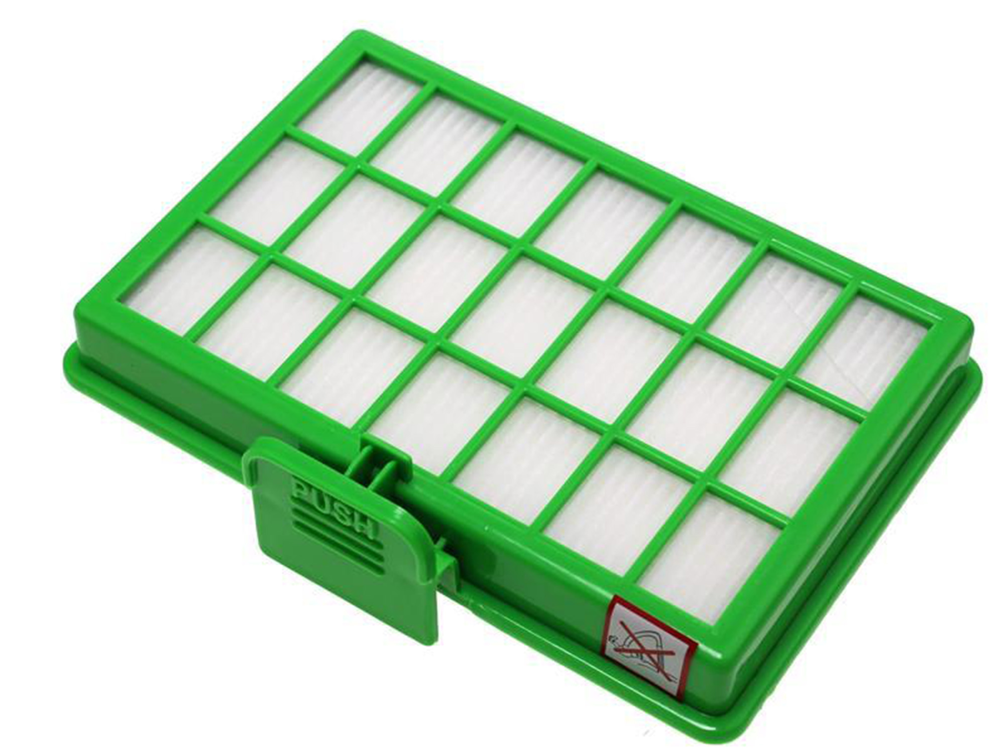 Ein grüner Staubsaugerfilter mit weißen Filtereinsätzen und einem Push-Hebel.