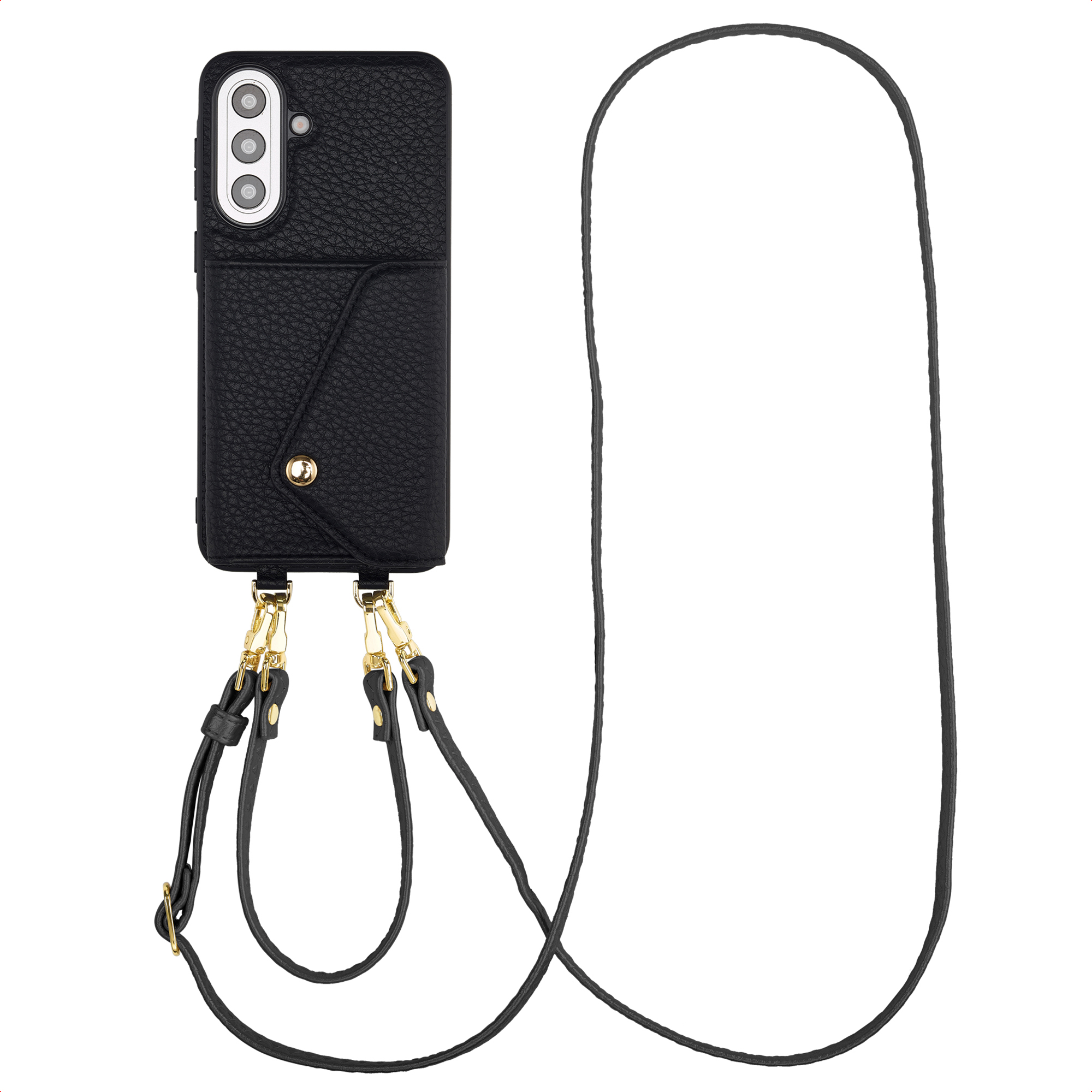 Zwarte telefoonhoes met drie camera's en een koord.