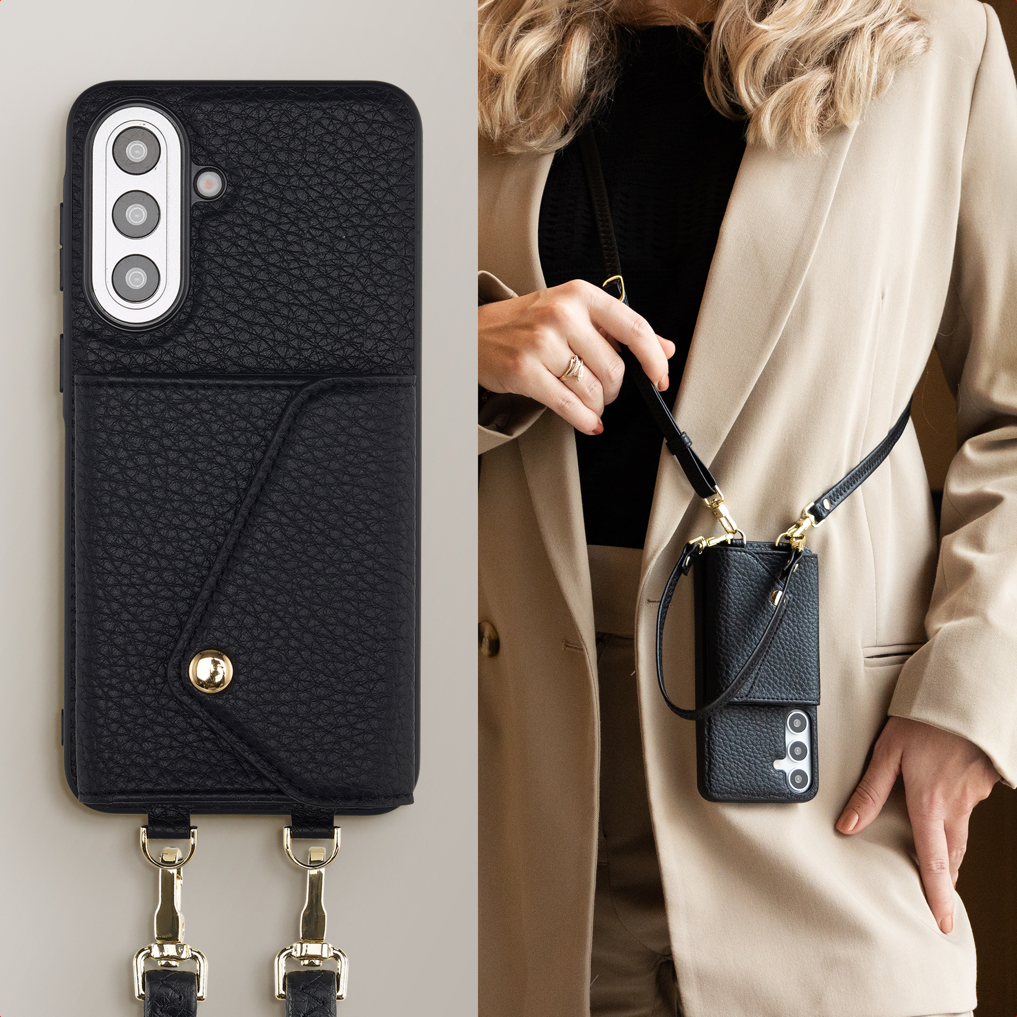 Zwarte telefoonhoes met vak en riem, gedragen door een vrouw in blazer.