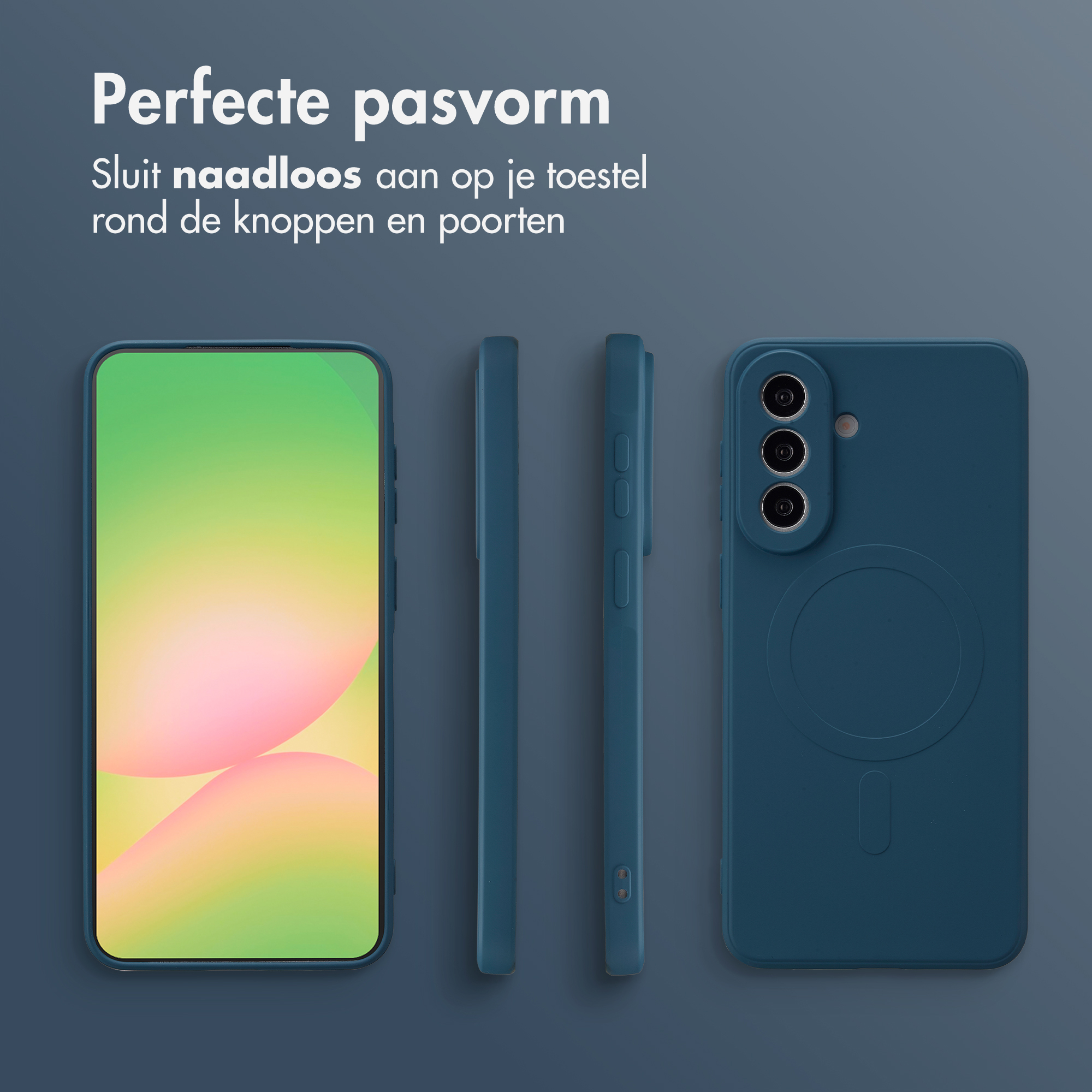 Uno smartphone blu con custodia mostrato frontalmente, di lato e di retro.