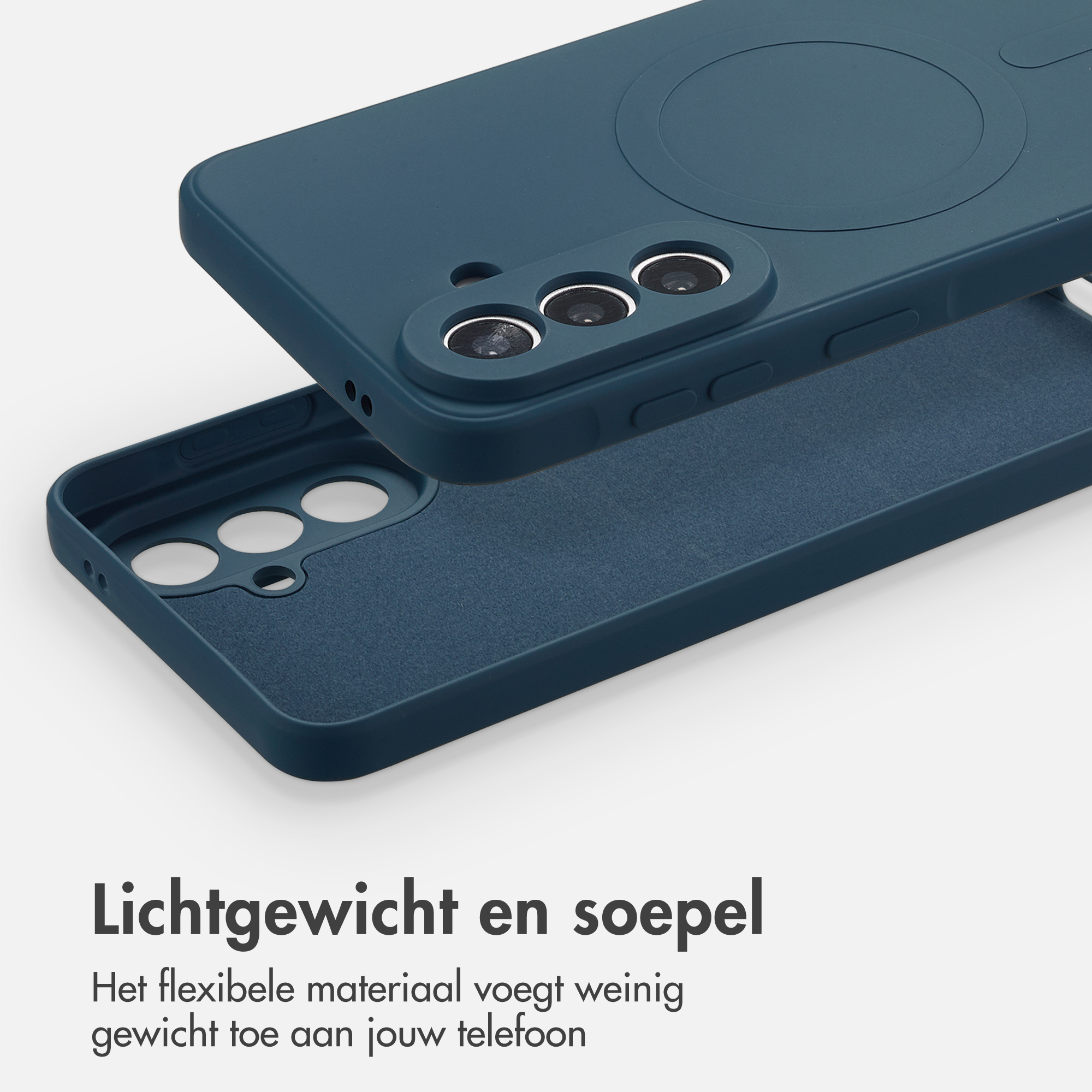 Custodia blu scuro per telefono con ritaglio fotocamera e cerchio magnetico.