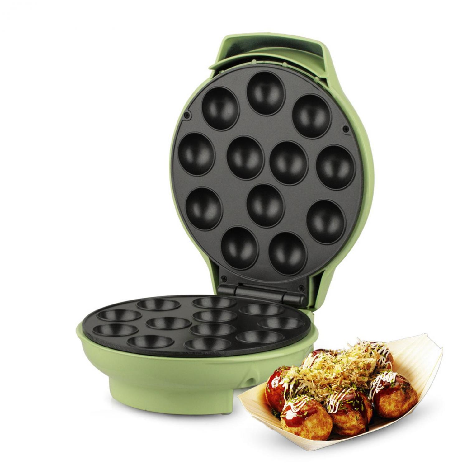Eine grüne Takoyaki-Maschine mit geöffnetem Deckel, daneben eine Schale mit Takoyaki.