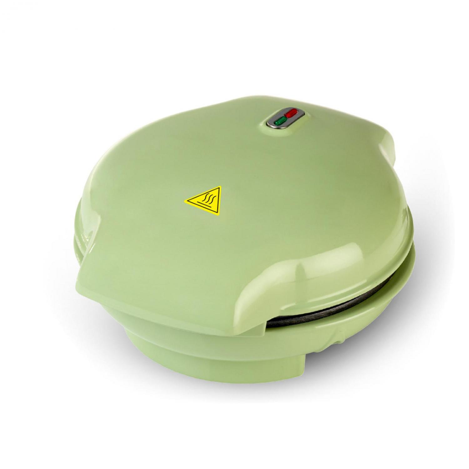 Eine hellgrüne Waffelmaschine mit Warnsymbol für Hitze und zwei Lämpchen.