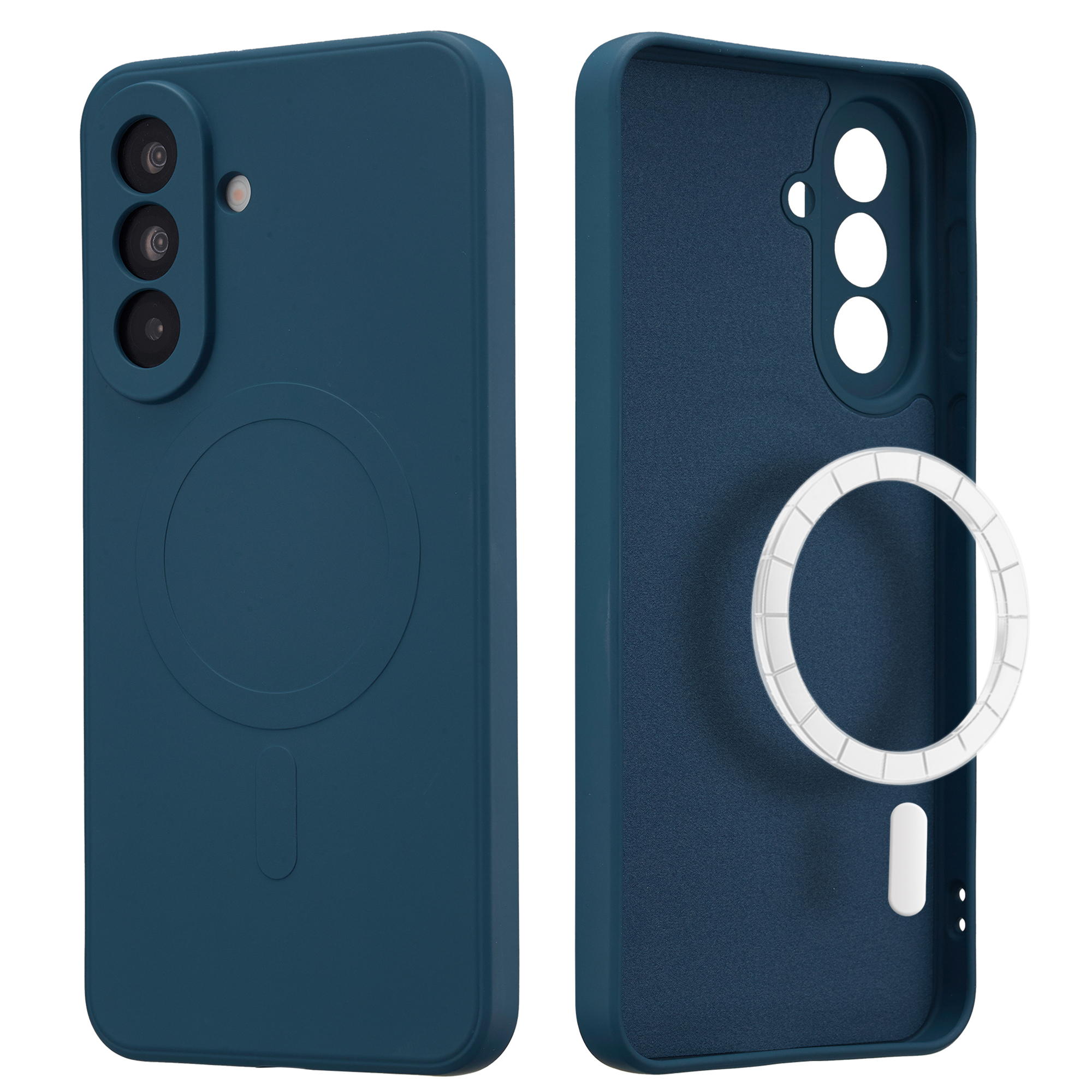 Coque de téléphone bleu foncé, dos avec caméras et avant avec anneau.