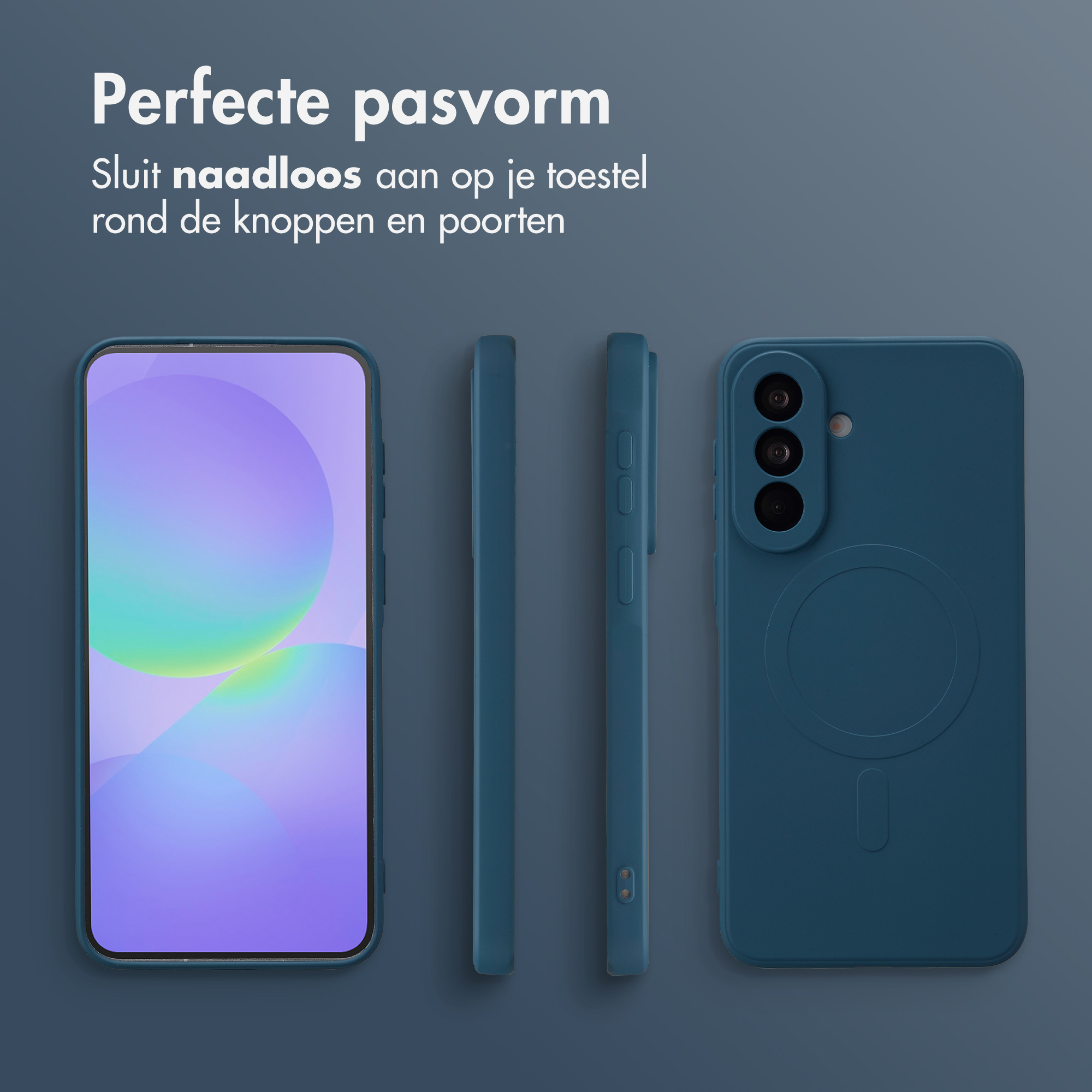 Un ensemble de coques de téléphone bleues sous plusieurs angles. Avec découpe caméra.