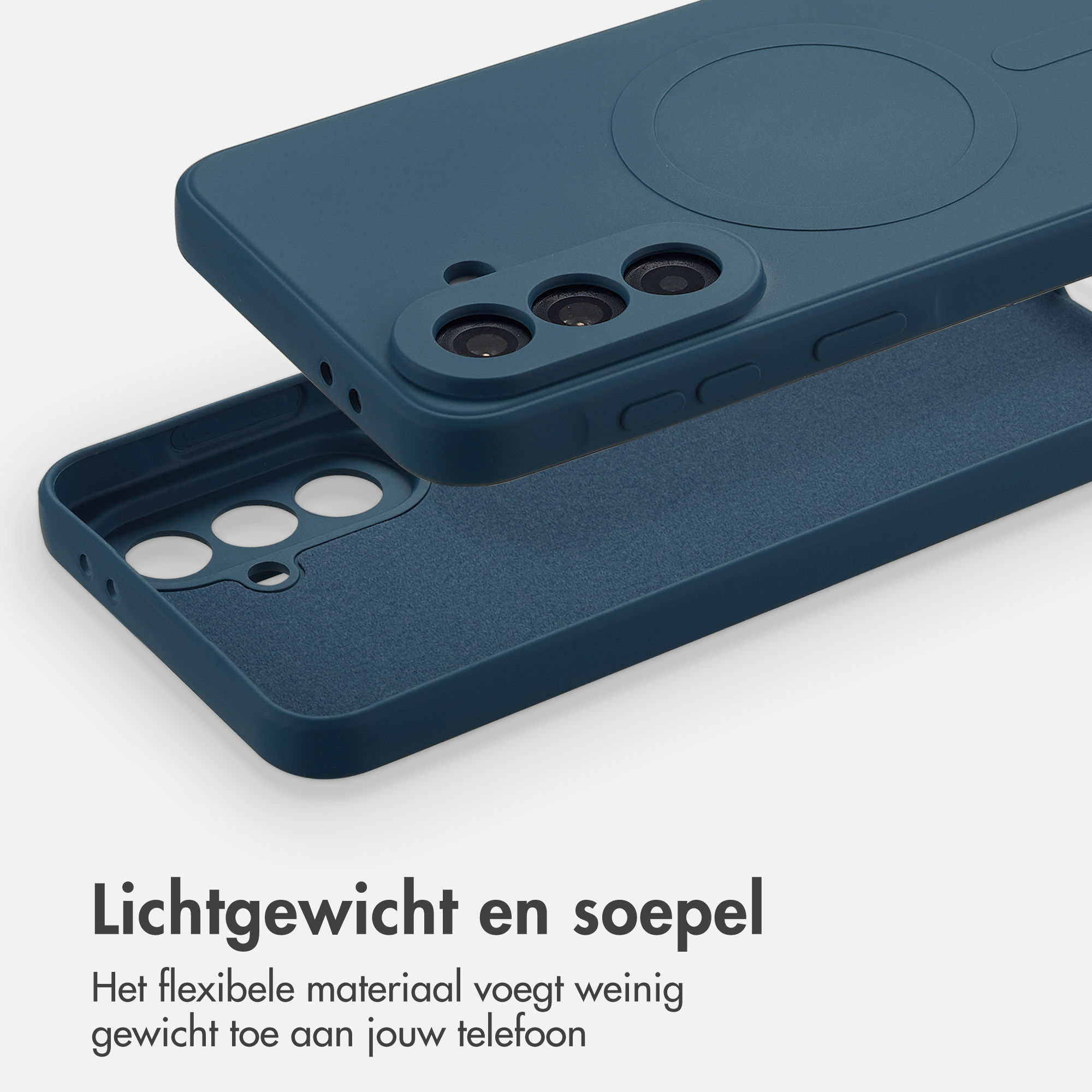 Coque de téléphone bleu foncé avec bosse pour appareil photo et anneau magnétique.