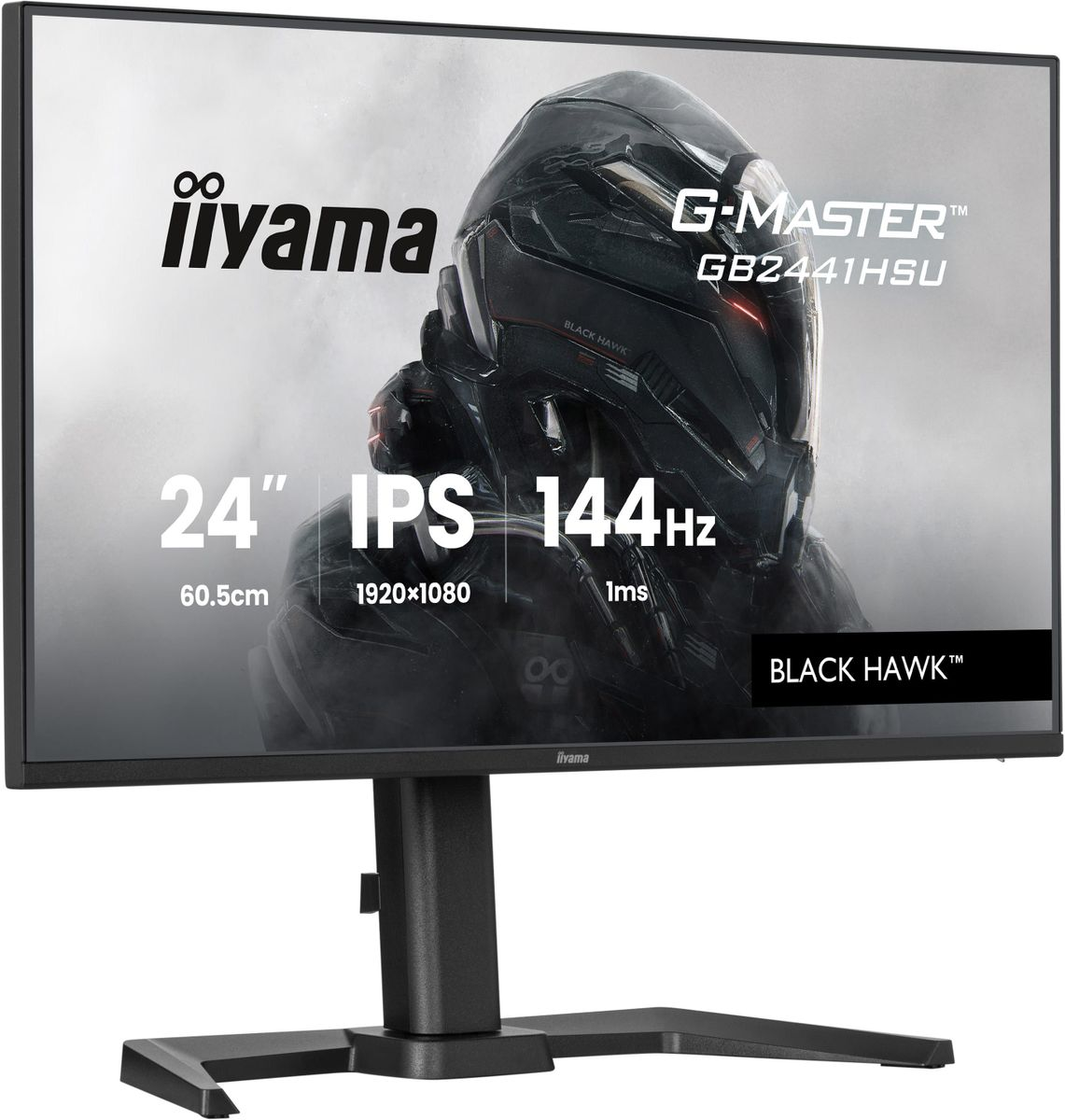 Czarny monitor z logo iiyama i G-MASTER. Wyświetla kask i specyfikacje.