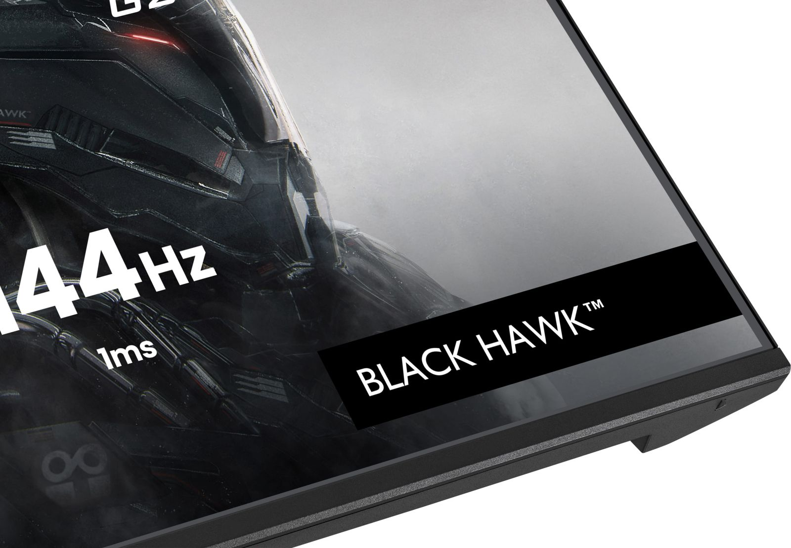Zbliżenie futurystycznego hełmu z czerwonym okiem, 144Hz, 1ms, tekst Black Hawk.